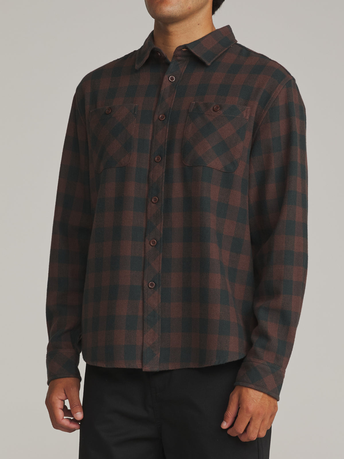 Katin Sierra Flannel in French Roast Plaid, on model, side #color_french roast plaid