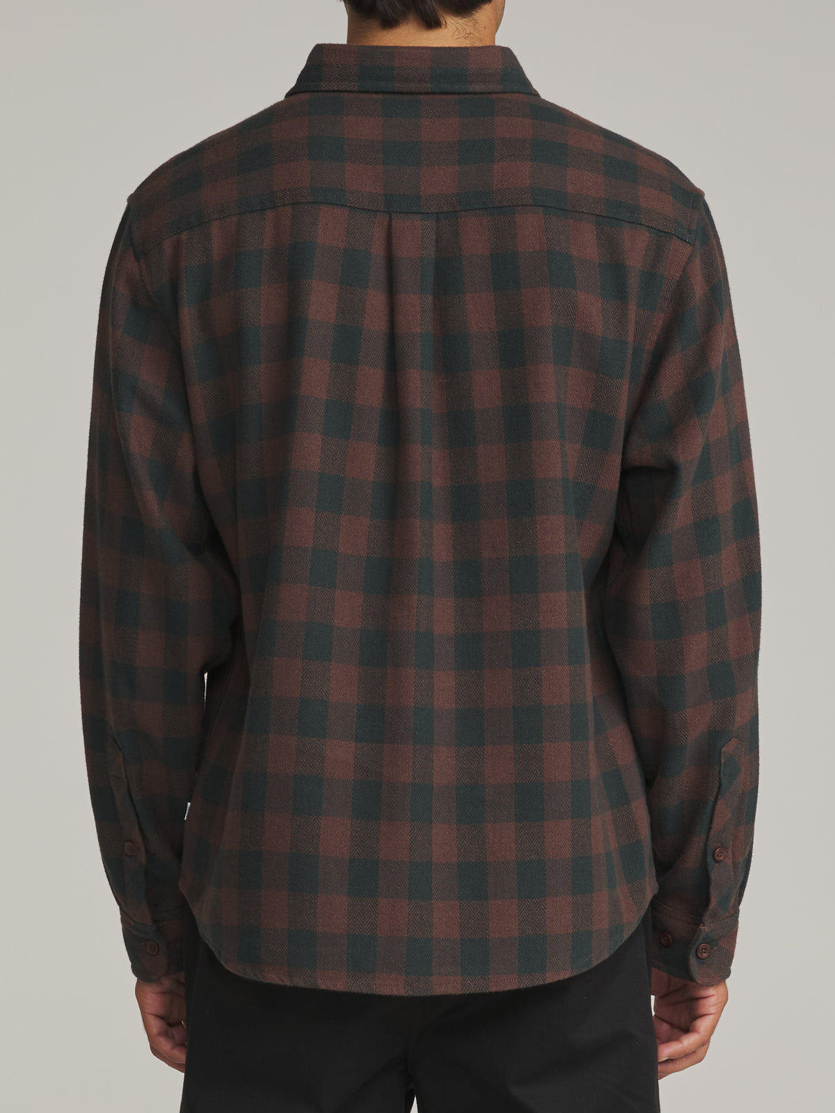 Katin Sierra Flannel in French Roast Plaid, on model, back #color_french roast plaid