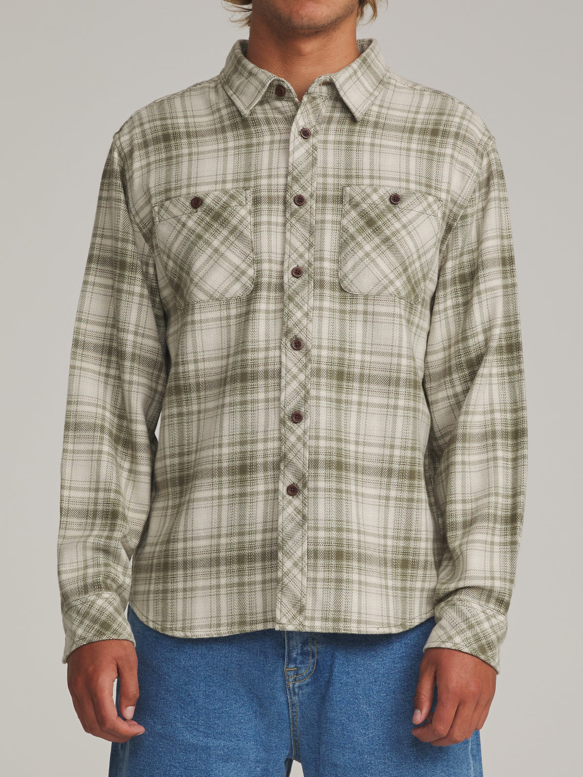 Katin Sierra Flannel in Light Olive midweight flannel, on model, front #color_light olive