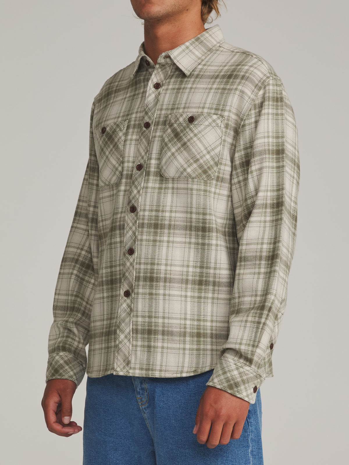 Katin Sierra Flannel in Light Olive midweight flannel, on model, side #color_light olive