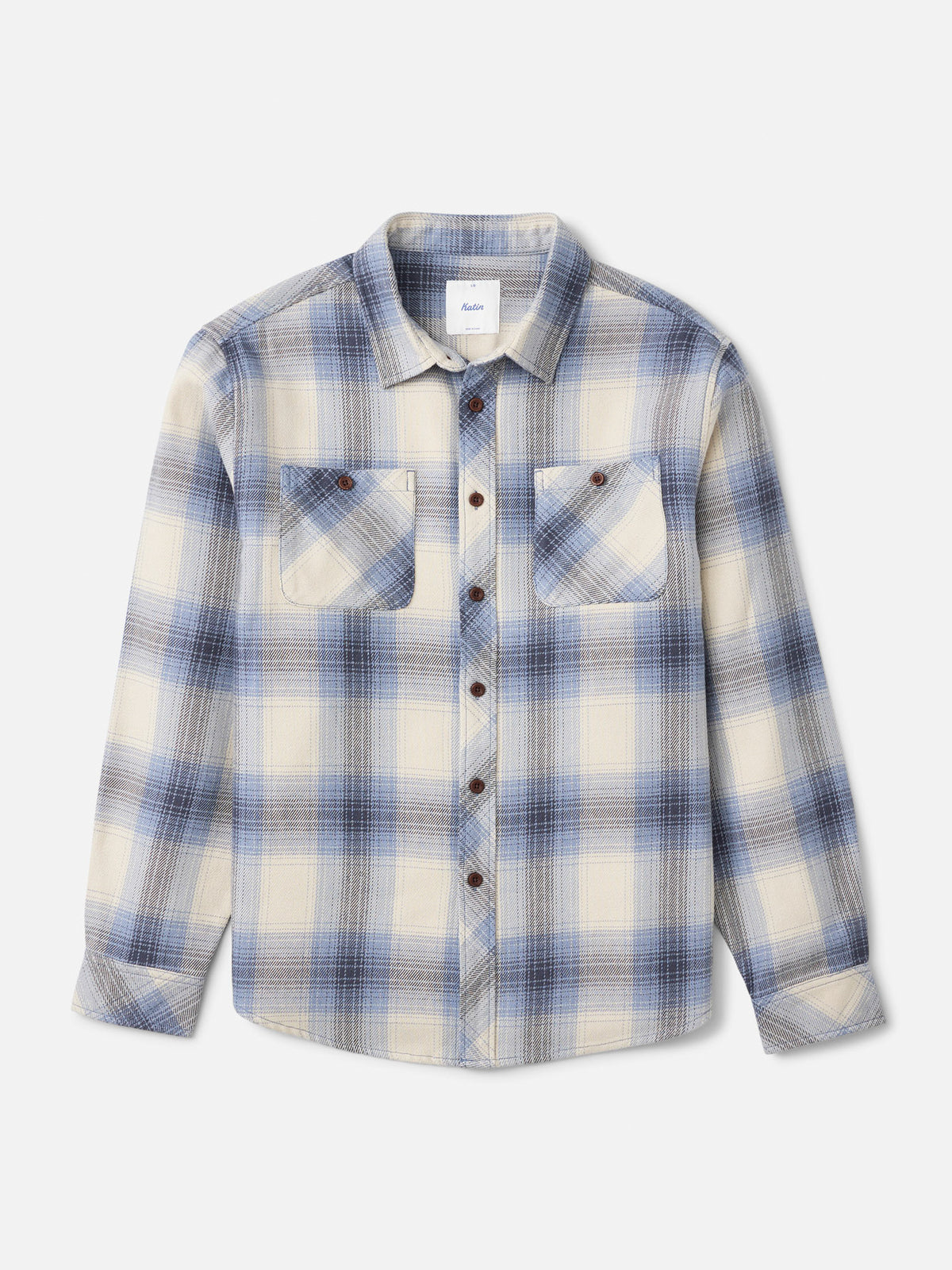 Katin Sierra Flannel in Storm Blue midweight flannel, flat, front #color_storm blue