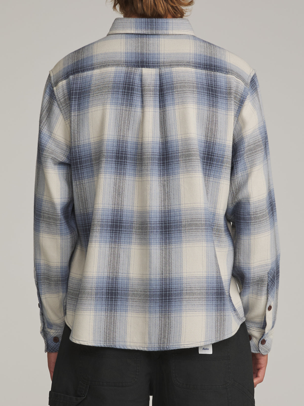 Katin Sierra Flannel in Storm Blue midweight flannel, on model, back #color_storm blue
