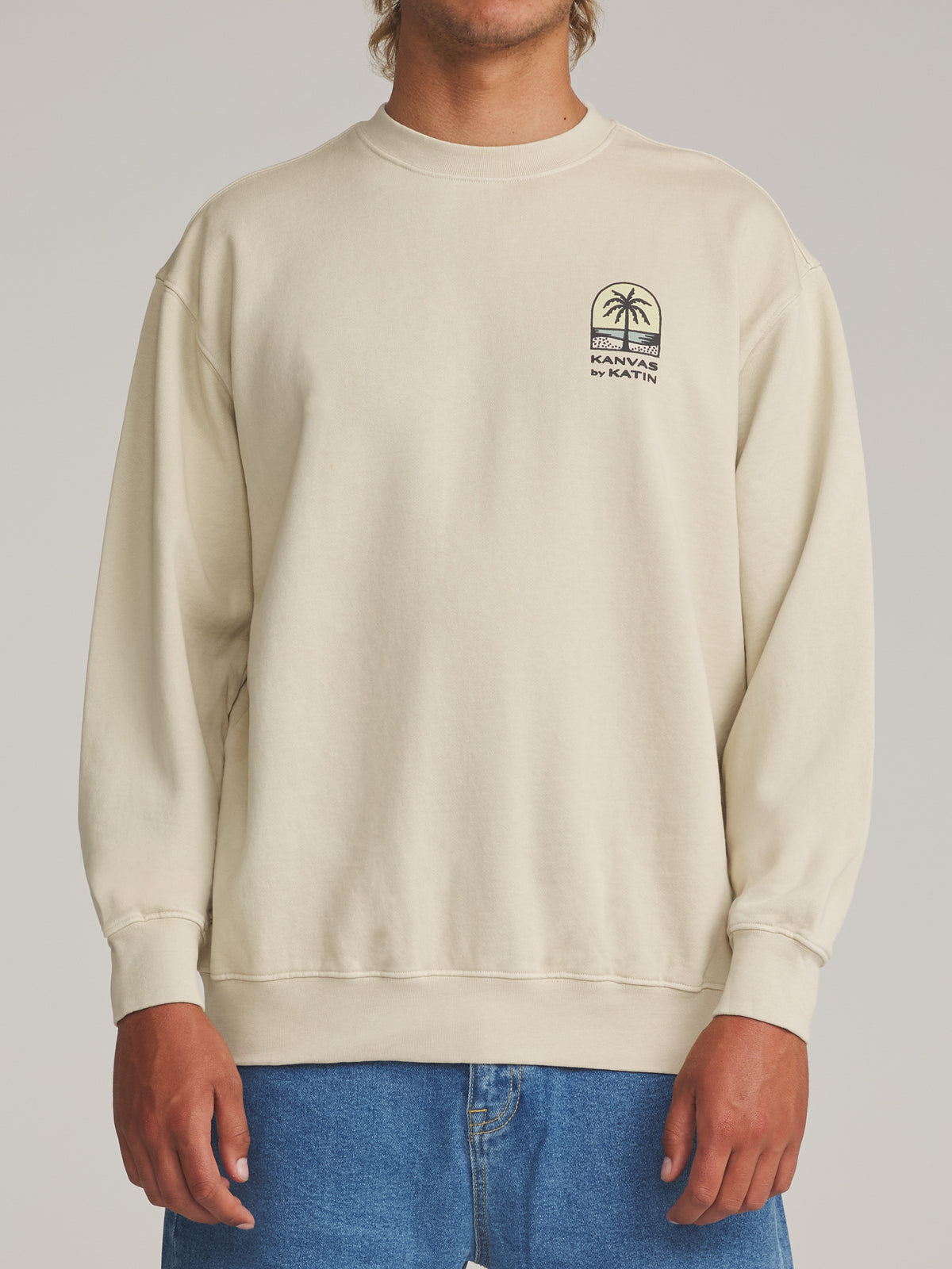 Katin Passage Crew in Pelican Vintage Wash - worn on model, front