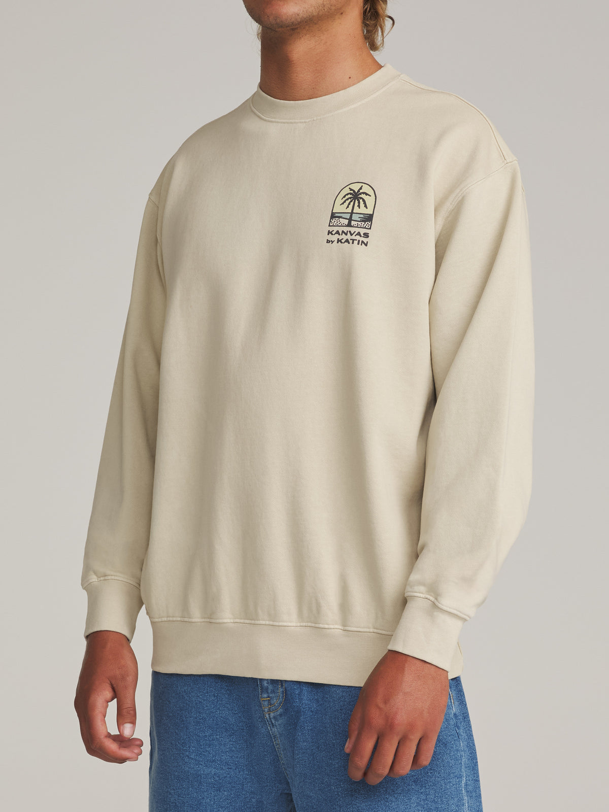 Katin Passage Crew in Pelican Vintage Wash - worn on model, side