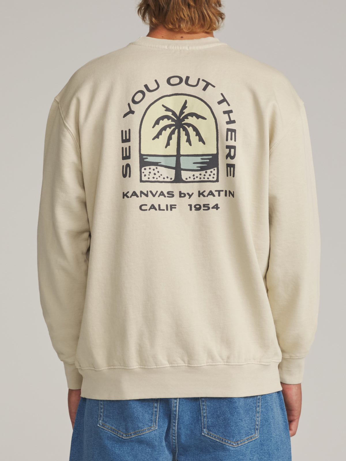 Katin Passage Crew in Pelican Vintage Wash - worn on model, back