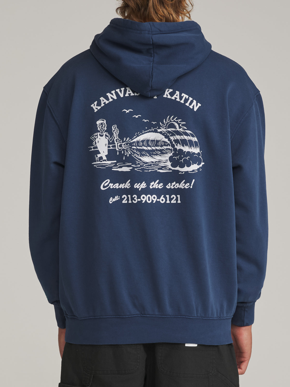 Katin Pipe Hood in Midnight Vintage Wash - worn on model, back