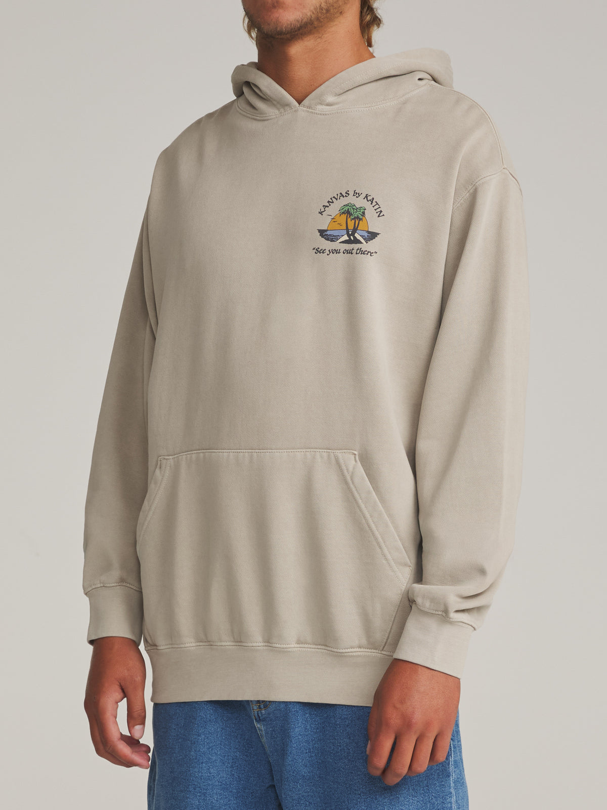 Katin Salina Hood in Cement Vintage Wash - worn on model, side