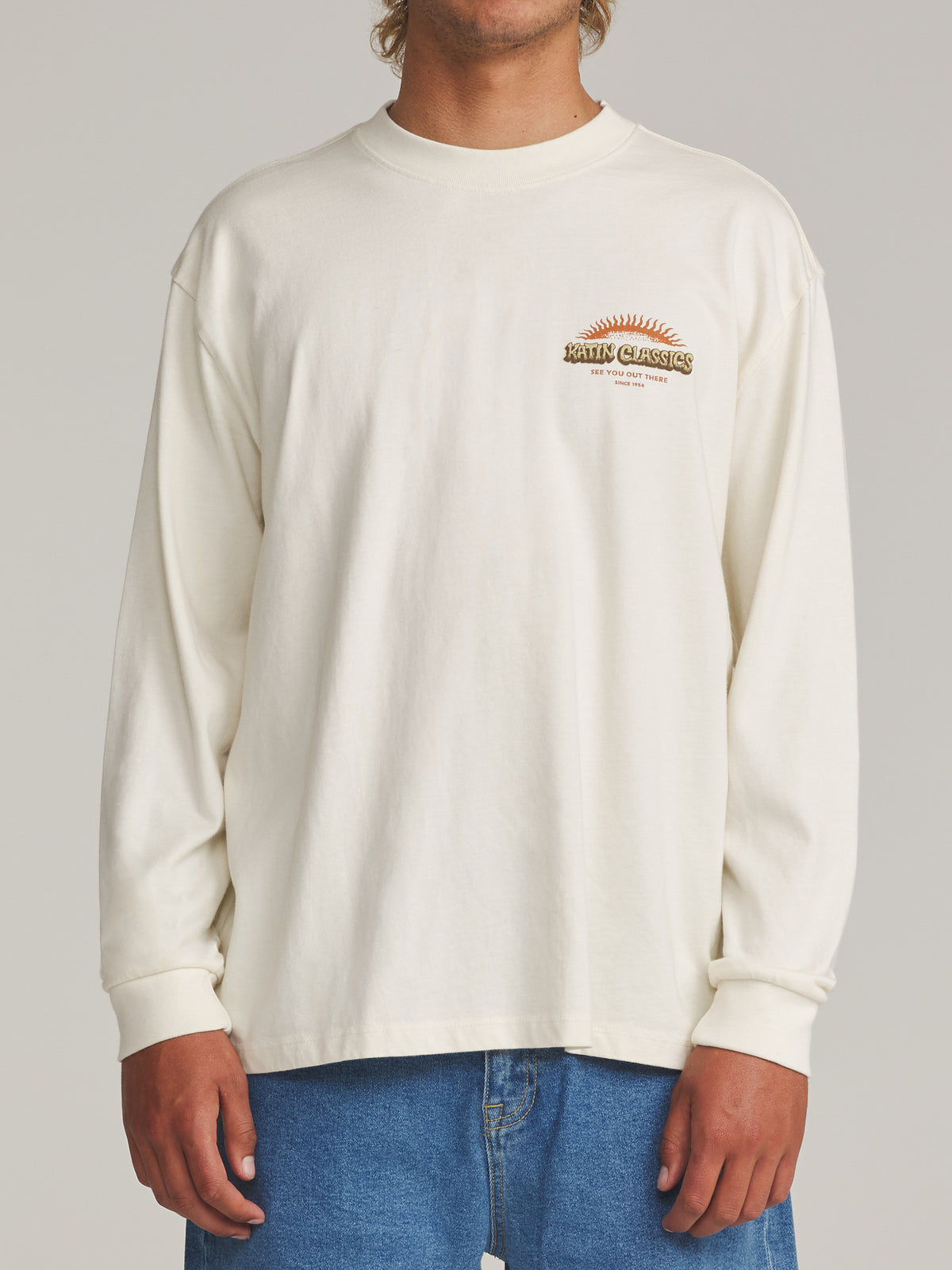 Katin Glow Box Fit Ls Tee in Vintage White - worn on model, front