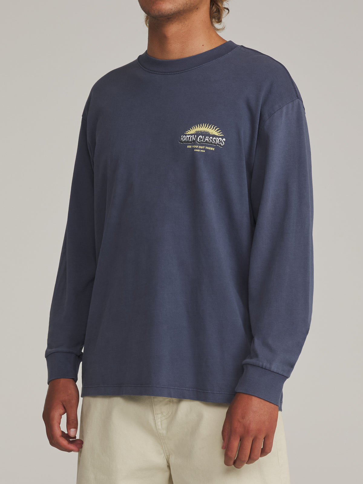 Katin Glow Box Fit Ls Tee in Washed Blue Vintage Wash - worn on model, side