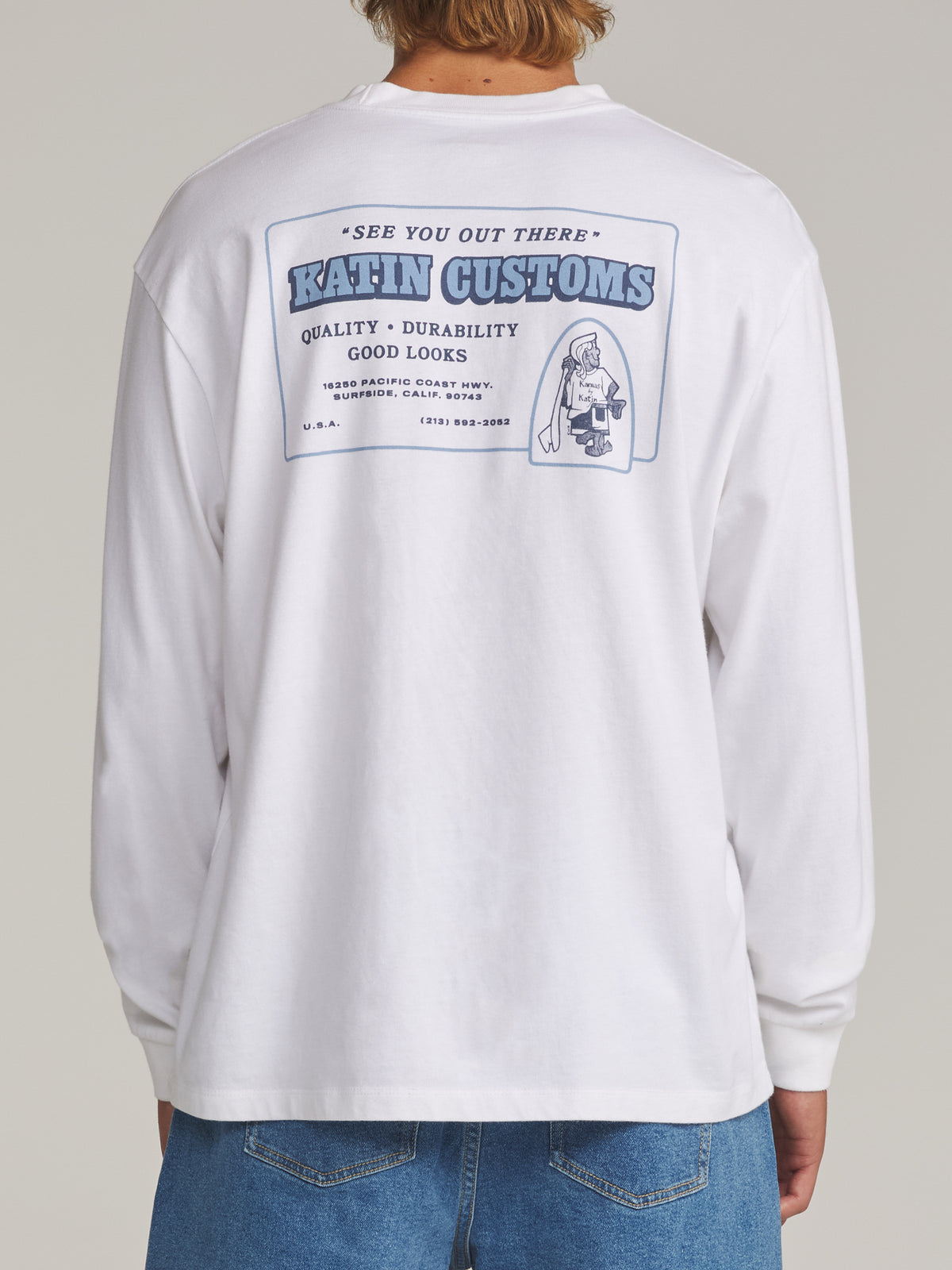 Katin Lorry Box Fit Ls Tee in White - worn on model, back