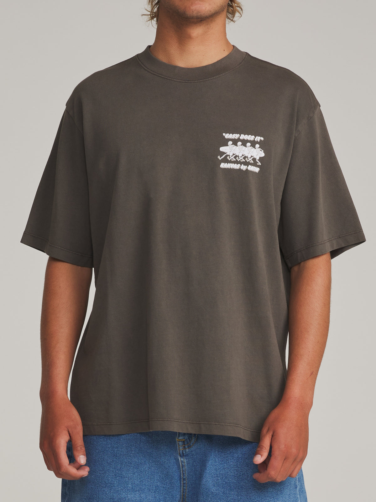 Katin Bones Box Fit Tee in Lead Vintage Wash - worn on model, front