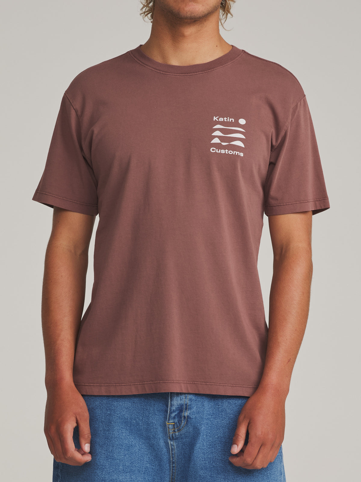Katin Frequency Tee in French Roast Vintage Wash - worn on model, front