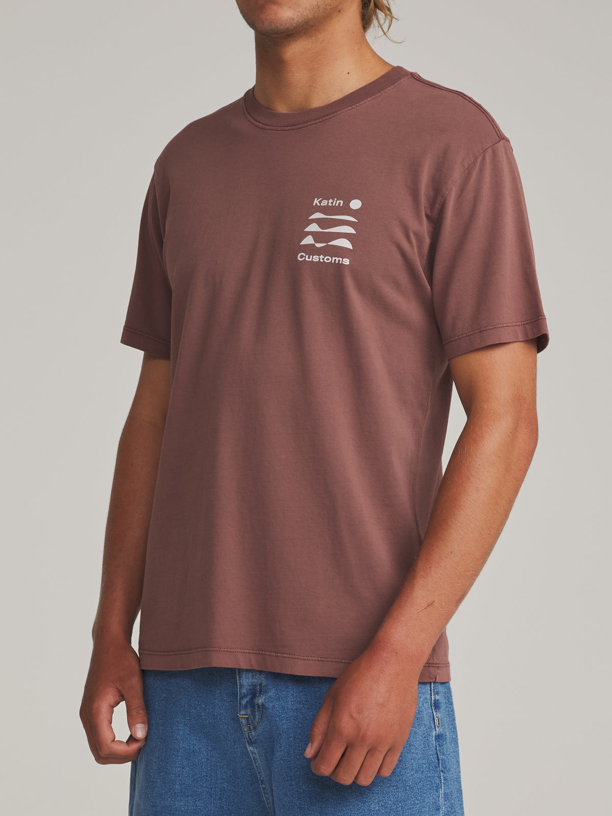 Katin Frequency Tee in French Roast Vintage Wash - worn on model, side