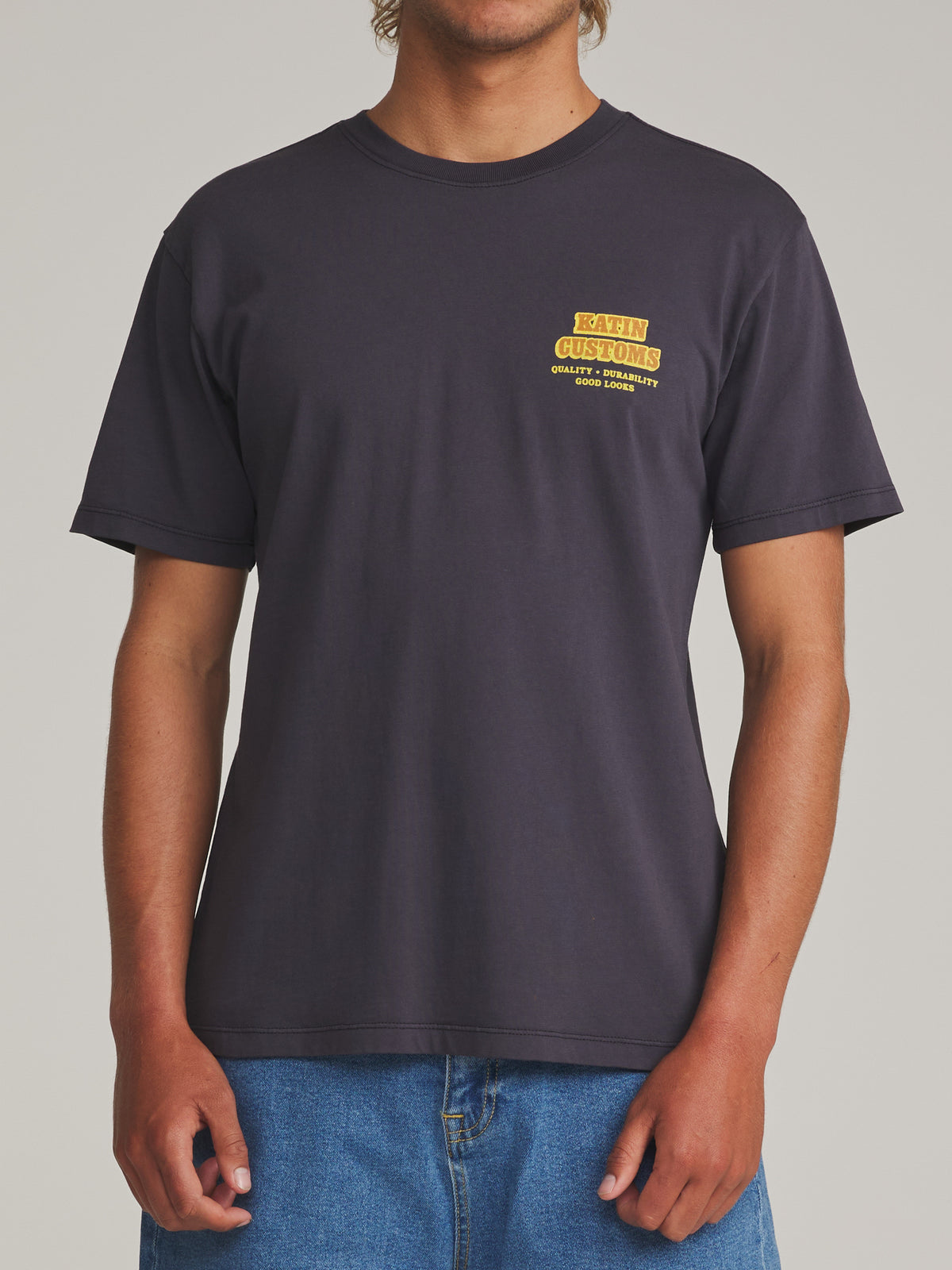 Katin Lorry Tee in Polar Navy Vintage Wash - worn on model, front