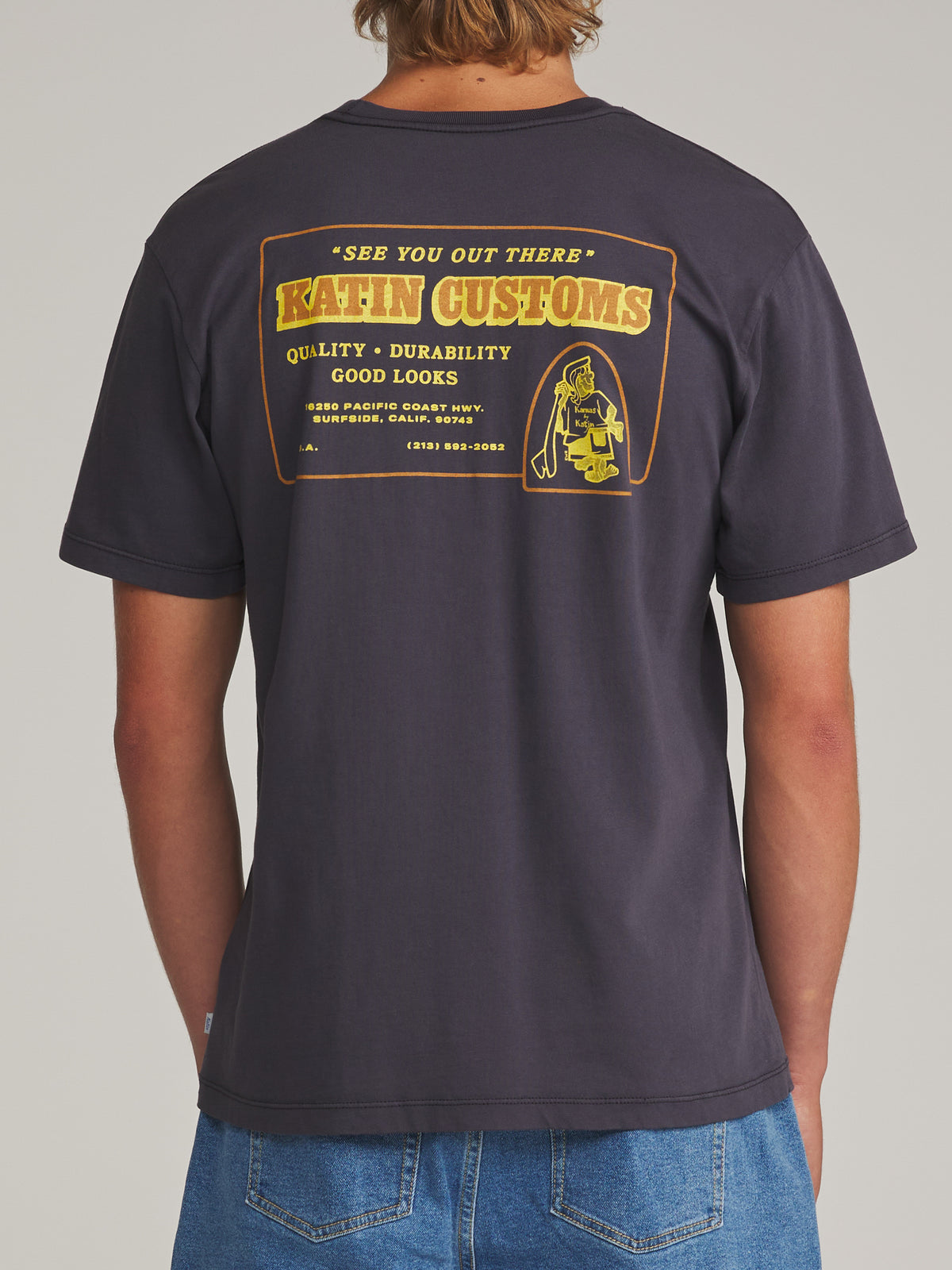 Katin Lorry Tee in Polar Navy Vintage Wash - worn on model, back