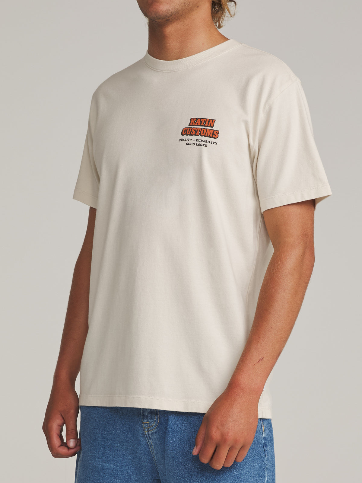 Katin Lorry Tee in Vintage White - worn on model, side