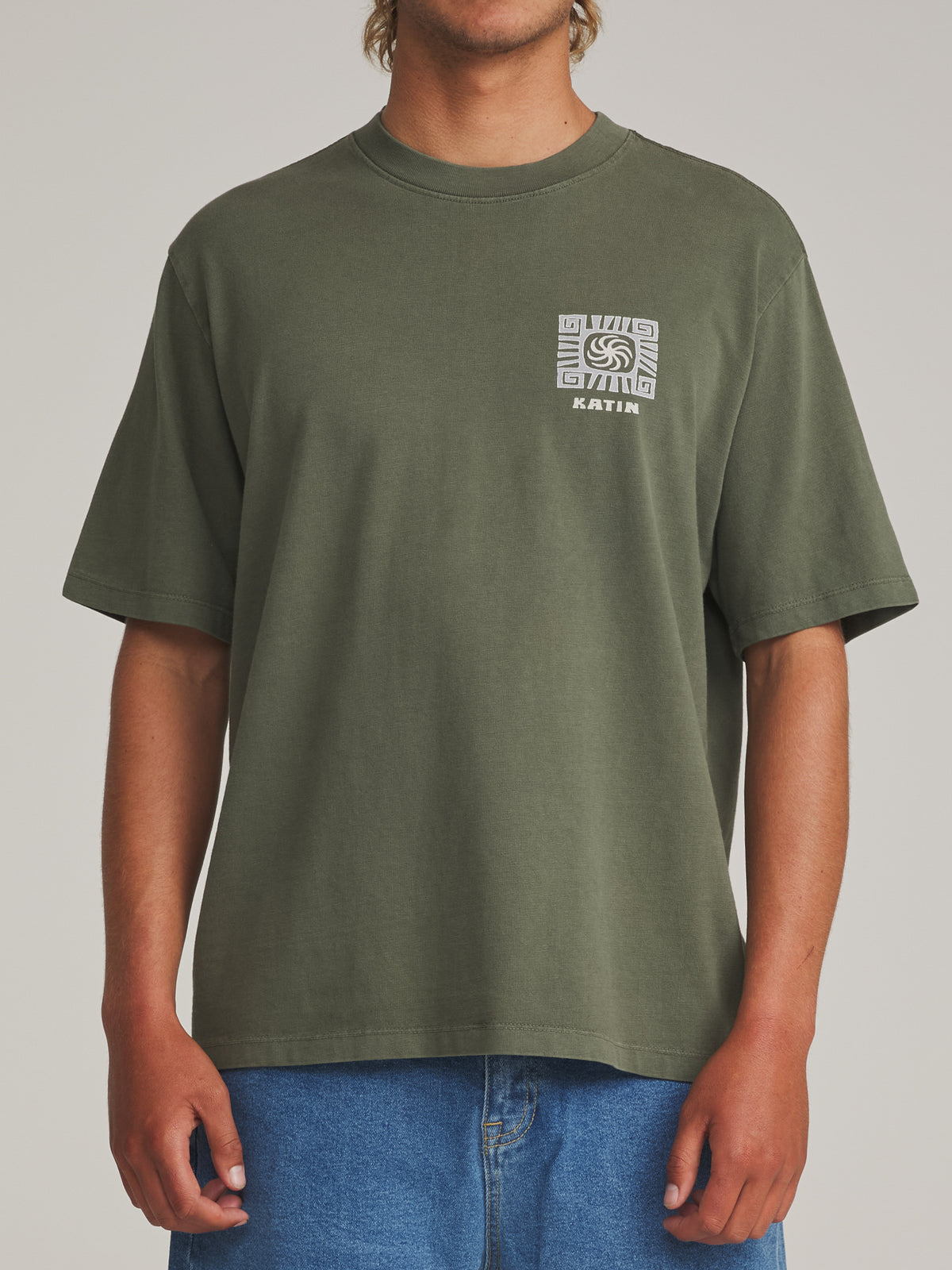 Katin Root Box Fit Tee in Clover Vintage Wash - worn on model, front