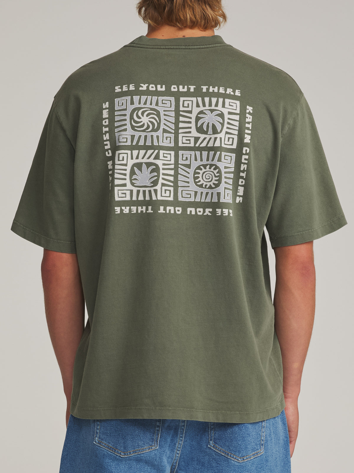 Katin Root Box Fit Tee in Clover Vintage Wash - worn on model, back