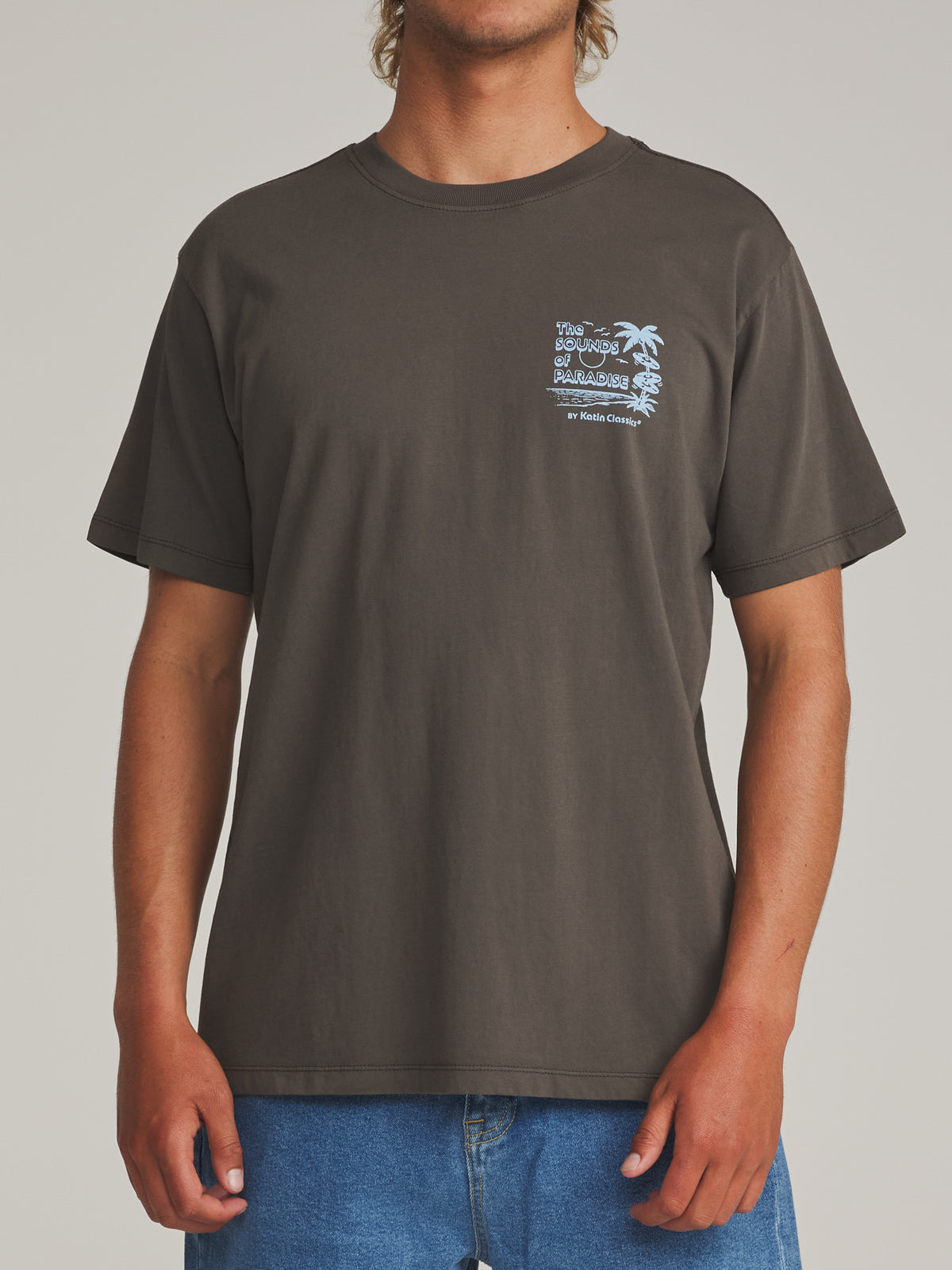 Katin Sonics Tee in Lead Vintage Wash - worn on model, front