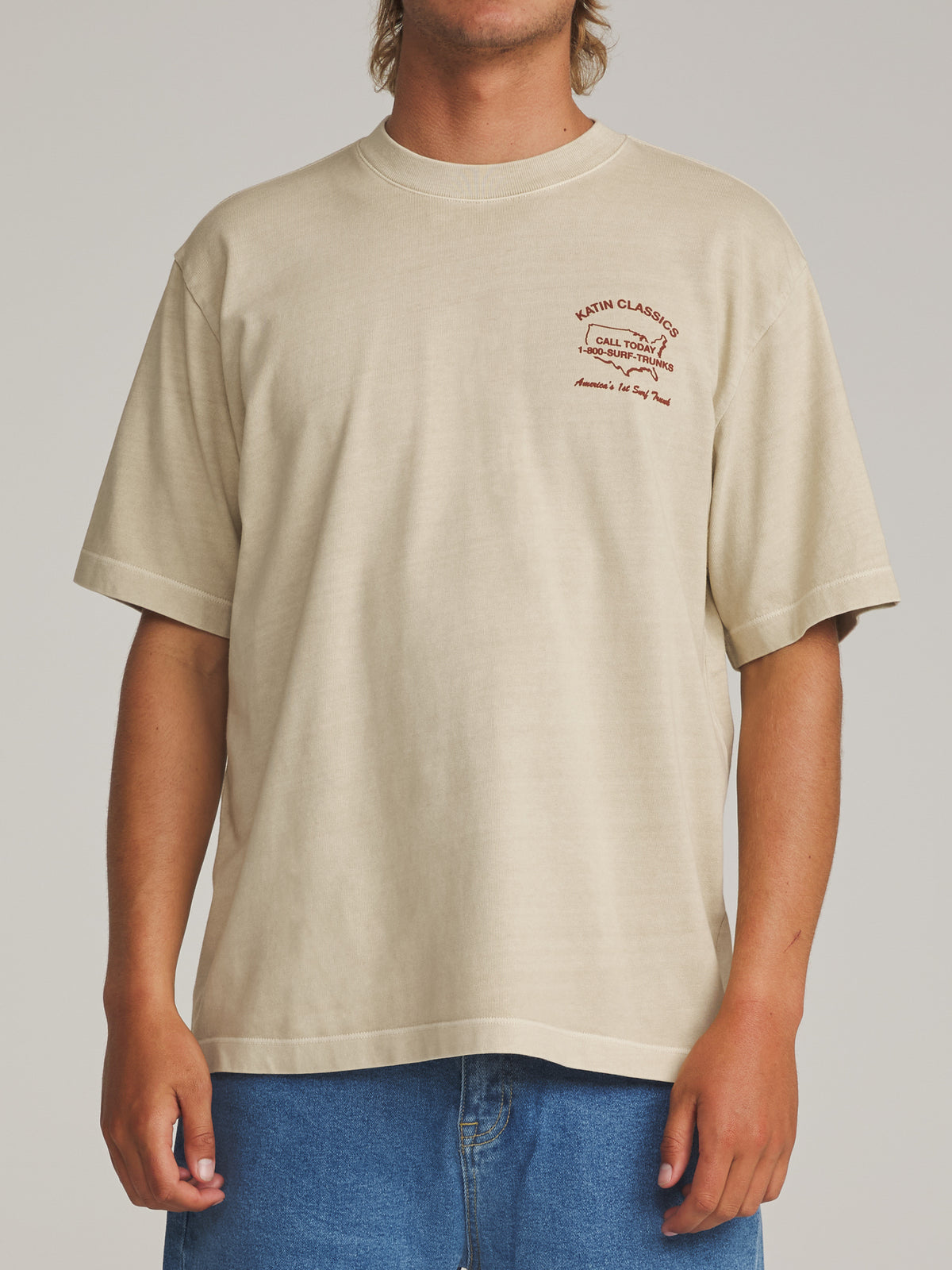 Katin States Box Fit Tee in Pelican Vintage Wash - worn on model, front