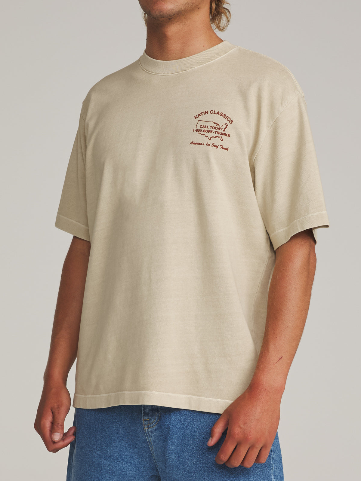 Katin States Box Fit Tee in Pelican Vintage Wash - worn on model, side