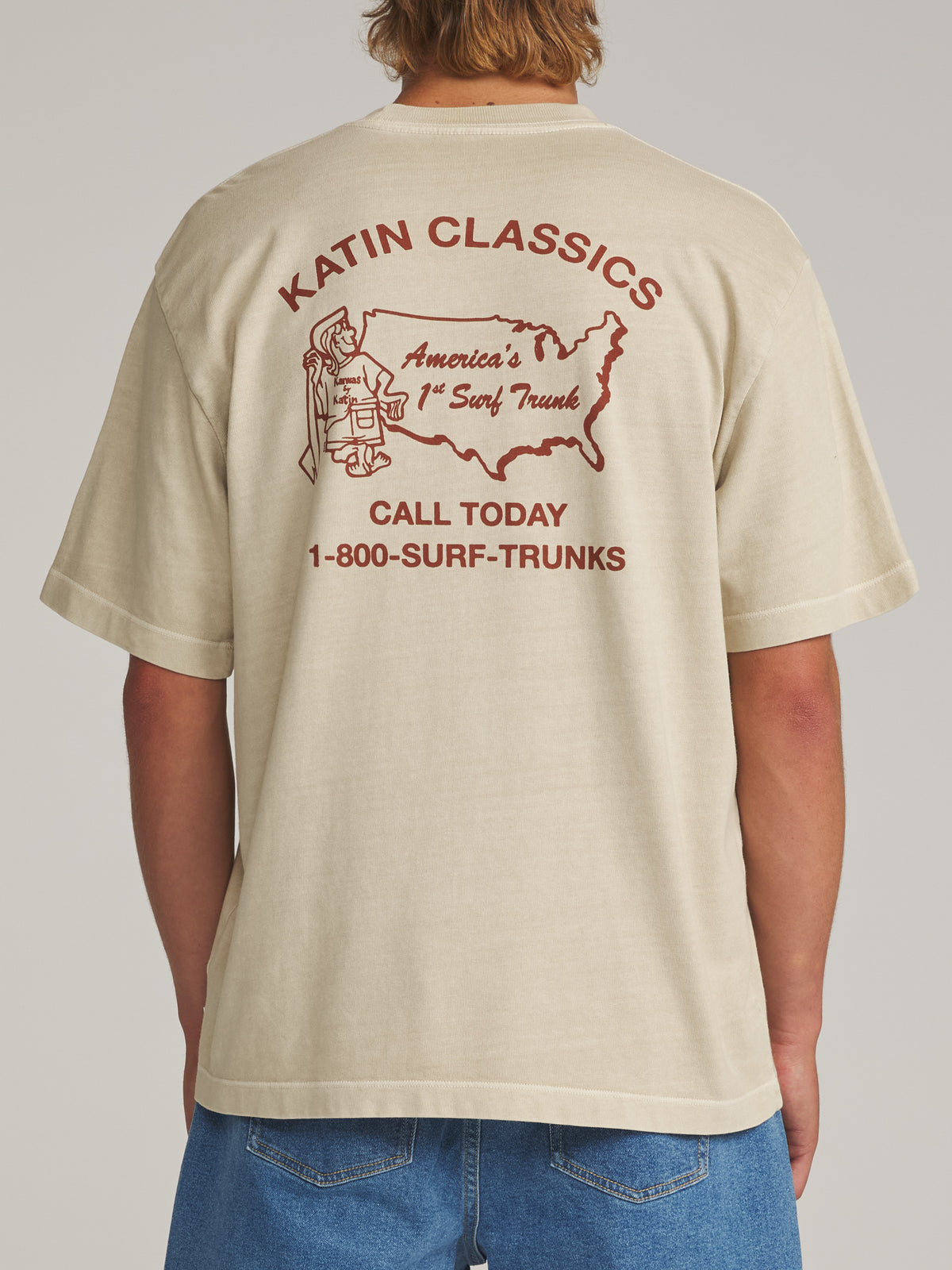 Katin States Box Fit Tee in Pelican Vintage Wash - worn on model, back