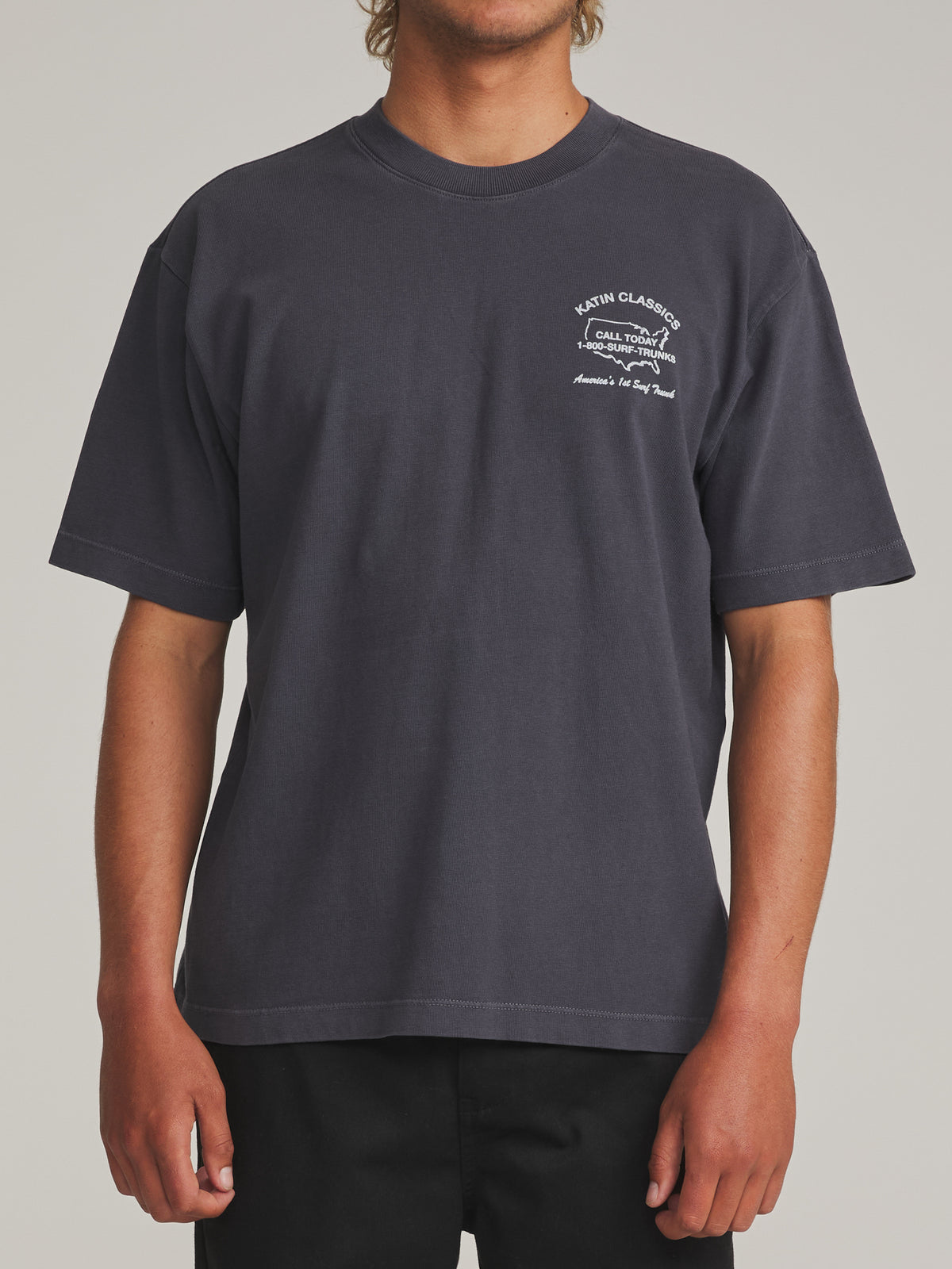 Katin States Box Fit Tee in Polar Navy Vintage Wash - worn on model, front