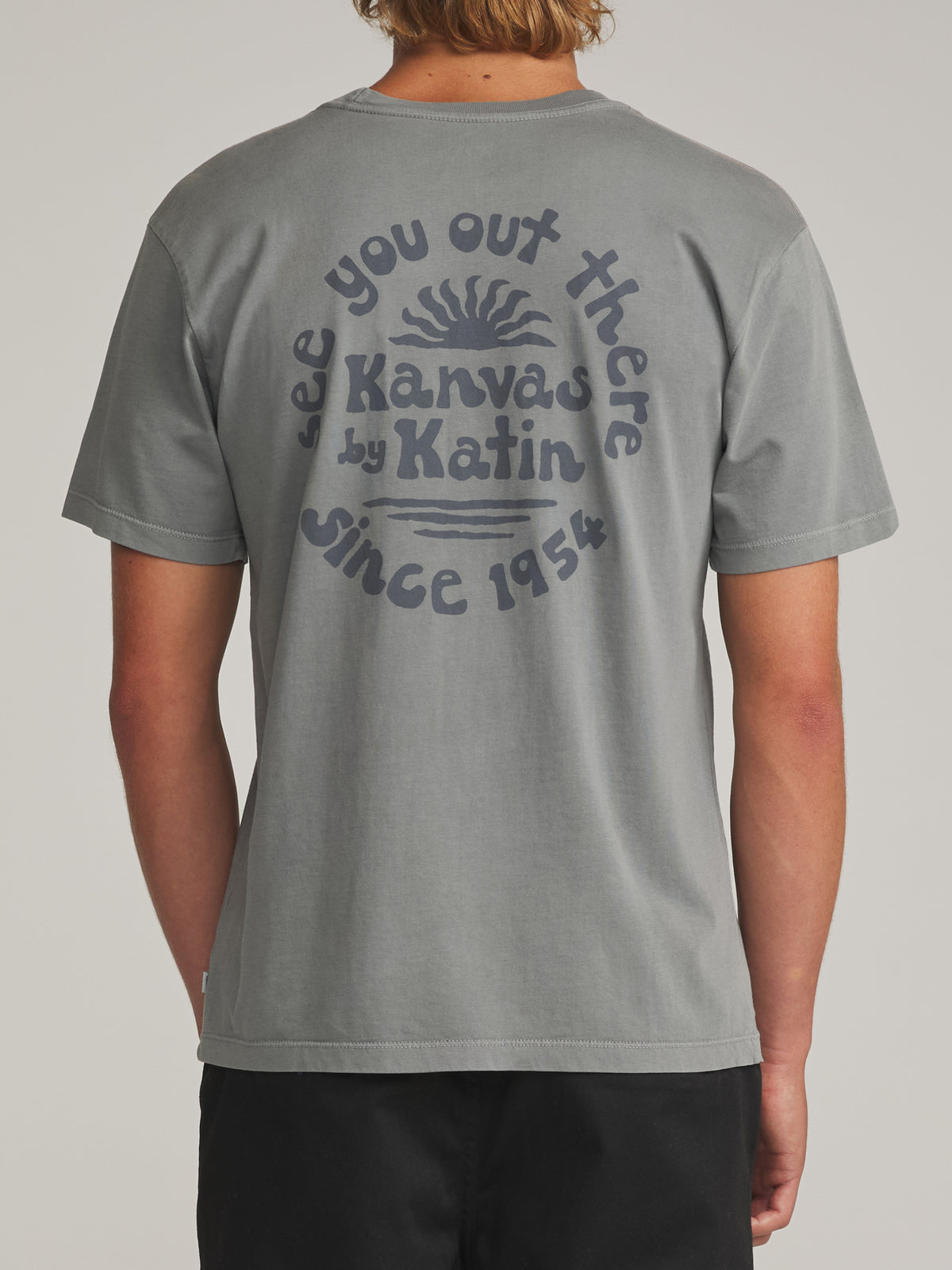 Katin Topanga Tee in Graphite Vintage Wash - worn on model, back