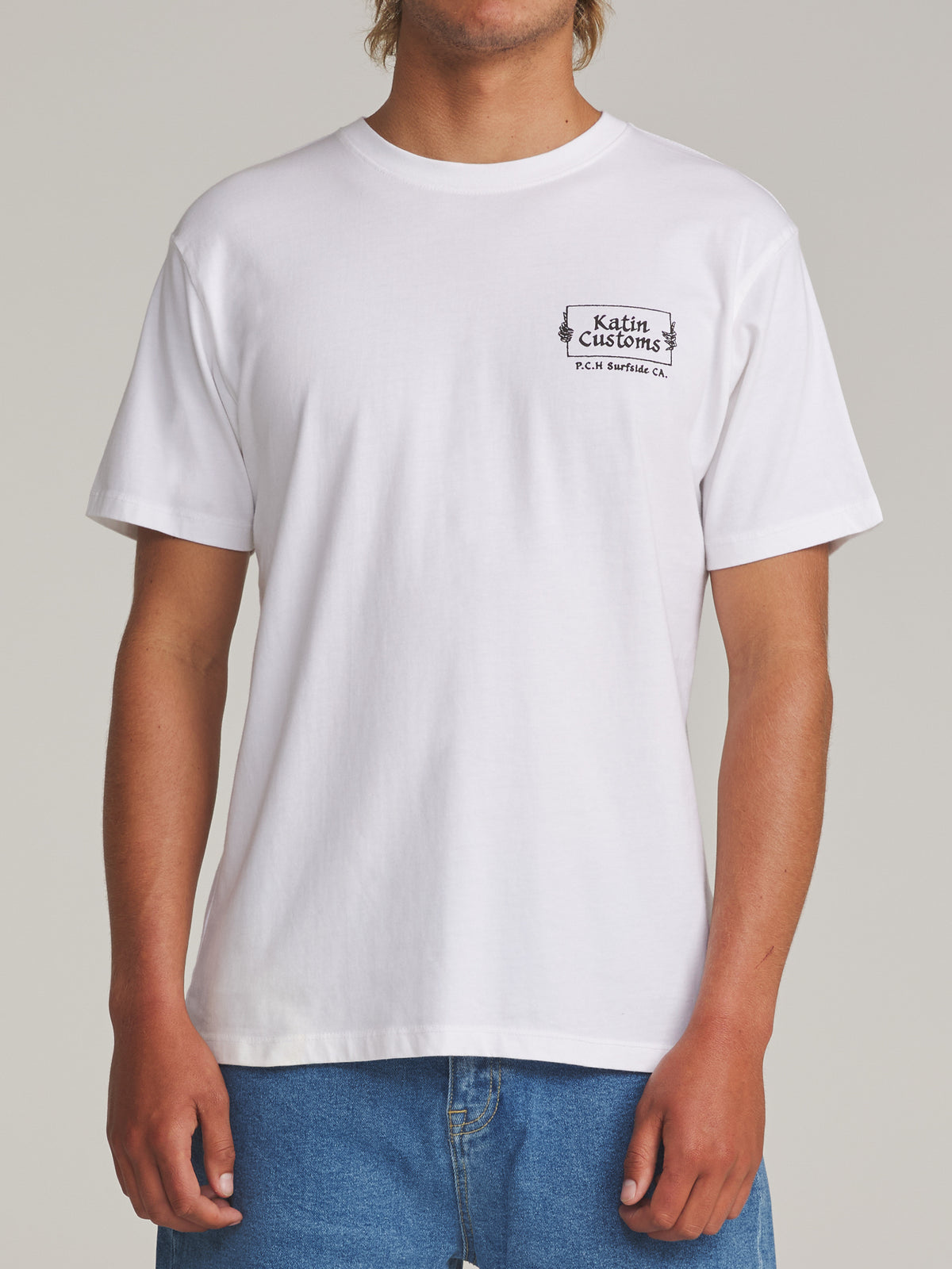 Katin Void Tee in White - worn on model, front
