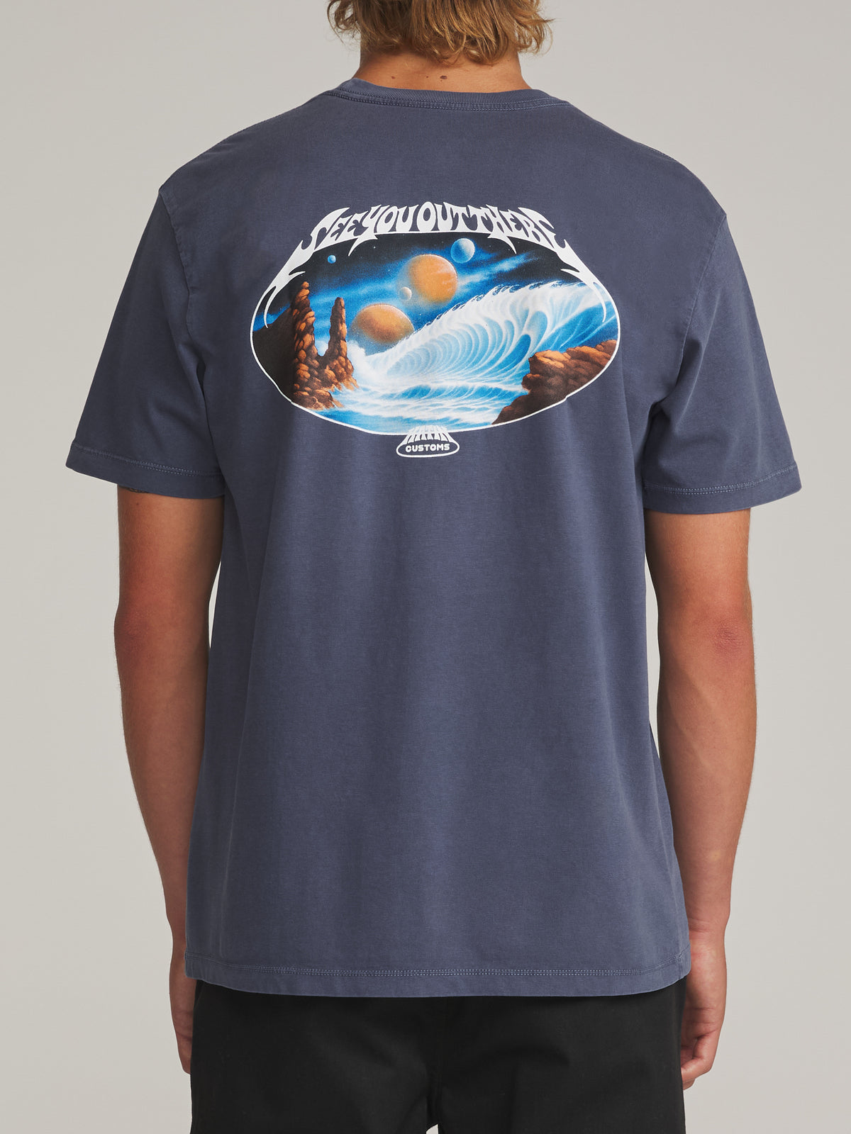 Katin Voyager Tee in Washed Blue Vintage Wash - worn on model, back