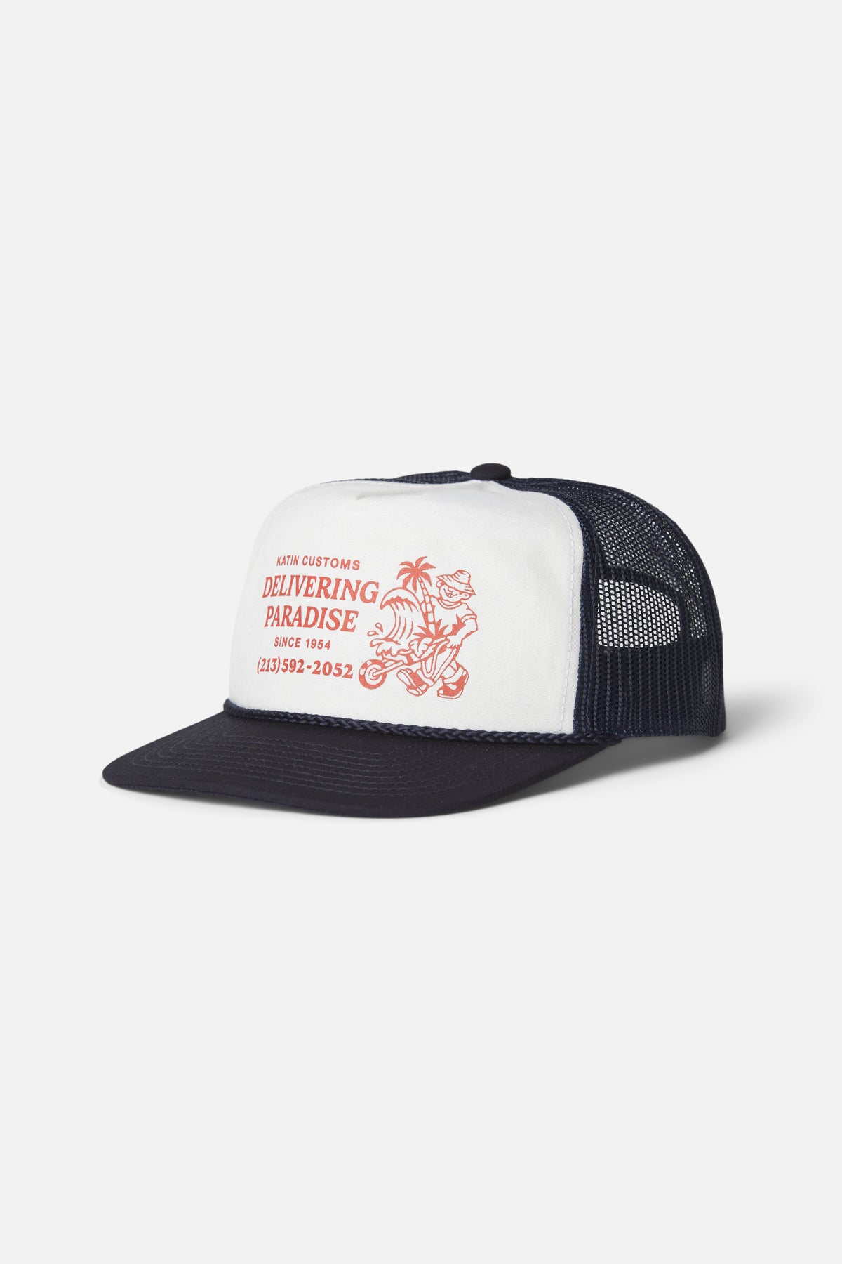 Katin Wheeler Trucker Hat in White/Navy - front view