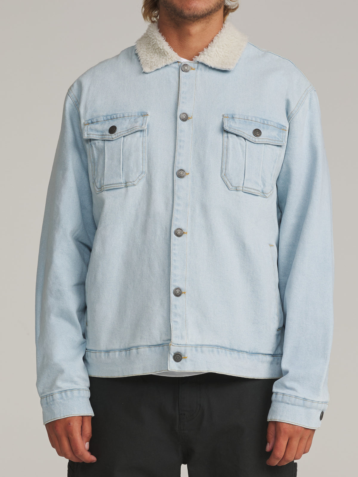 Katin Harris Denim Jacket in Light Indigo - worn on model, front