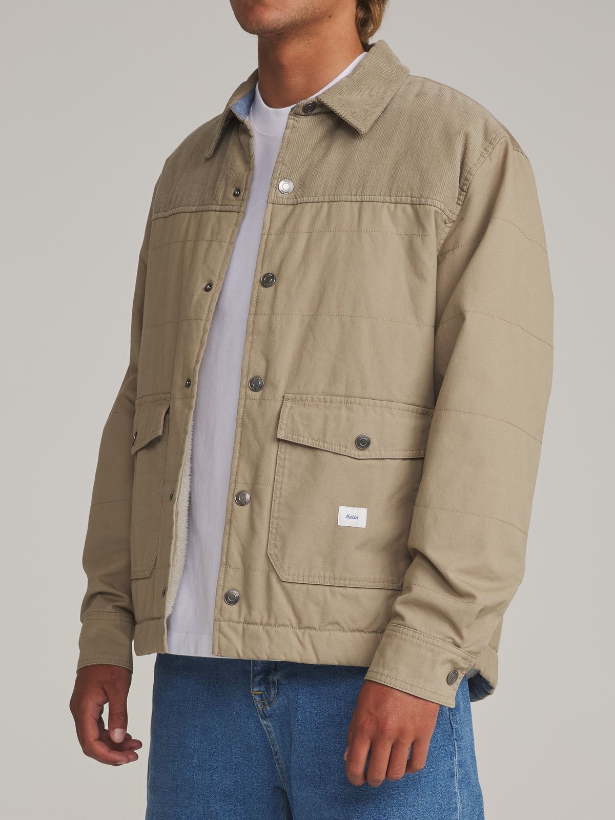 Katin Yukon Jacket in Khaki - worn on model, side