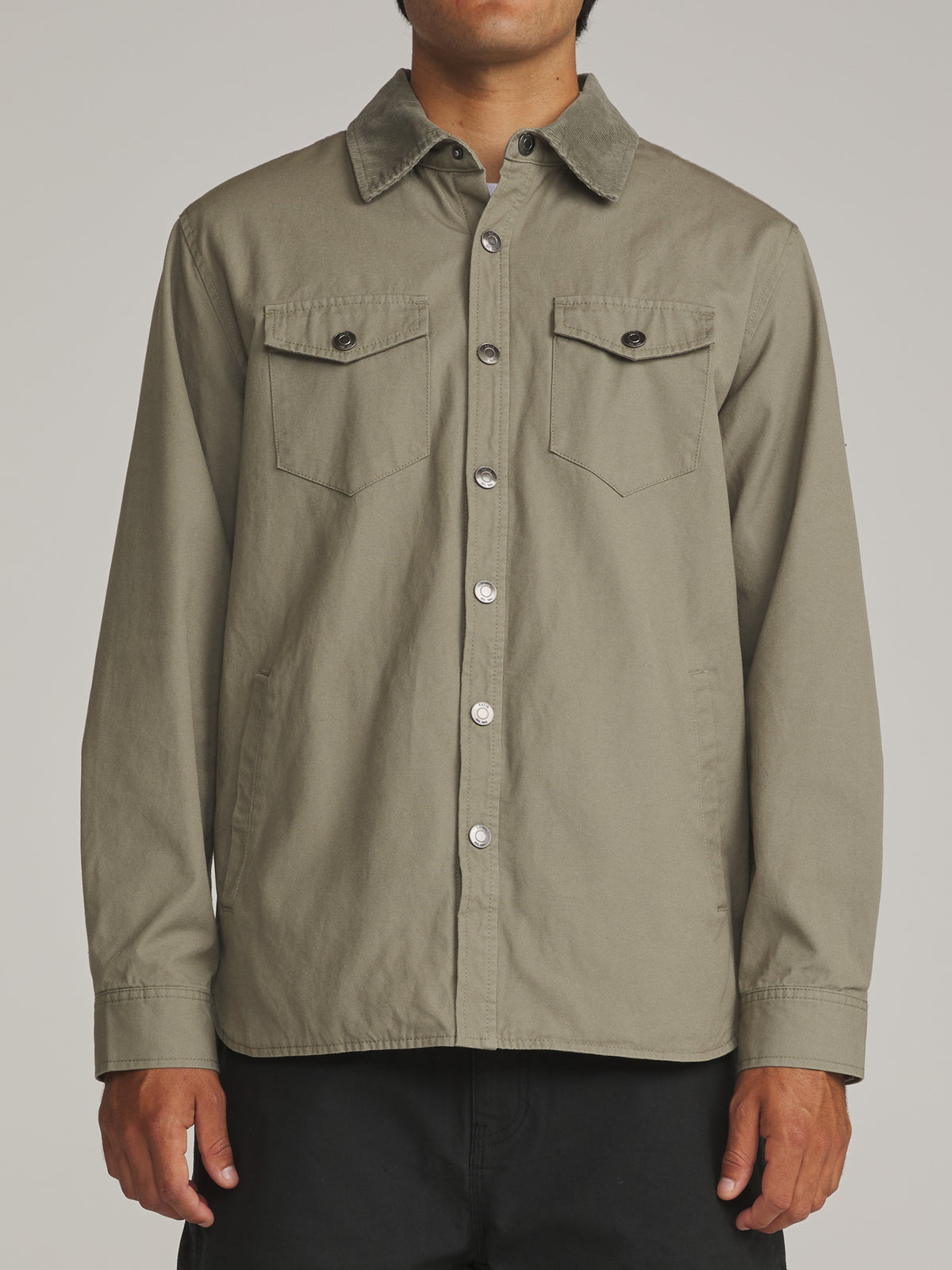 Katin Campbell Shirt Jacket in Olive - worn on model, front alternate
