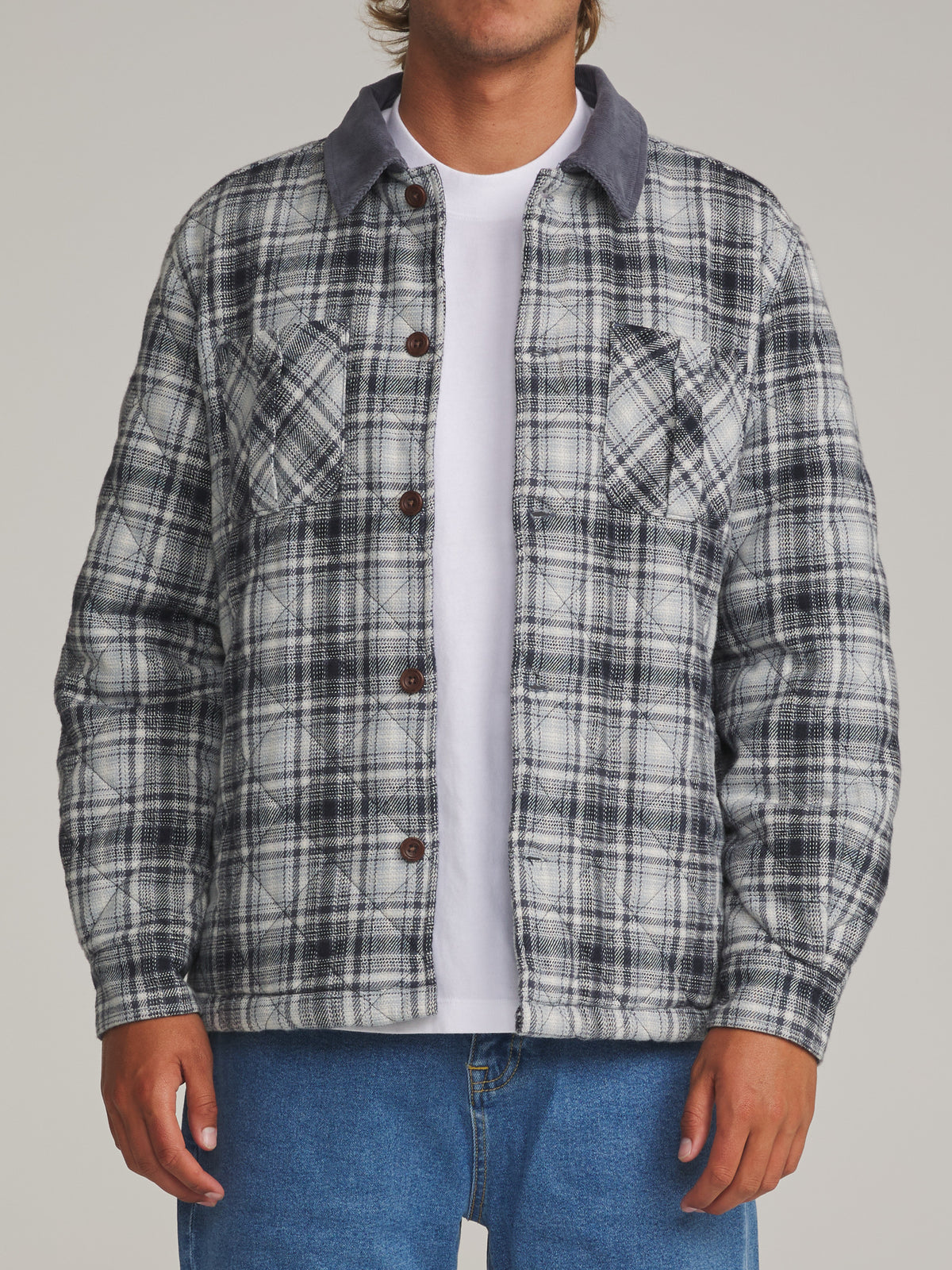 Katin Charlie Shirt Jacket in Washed Blue - worn on model, front