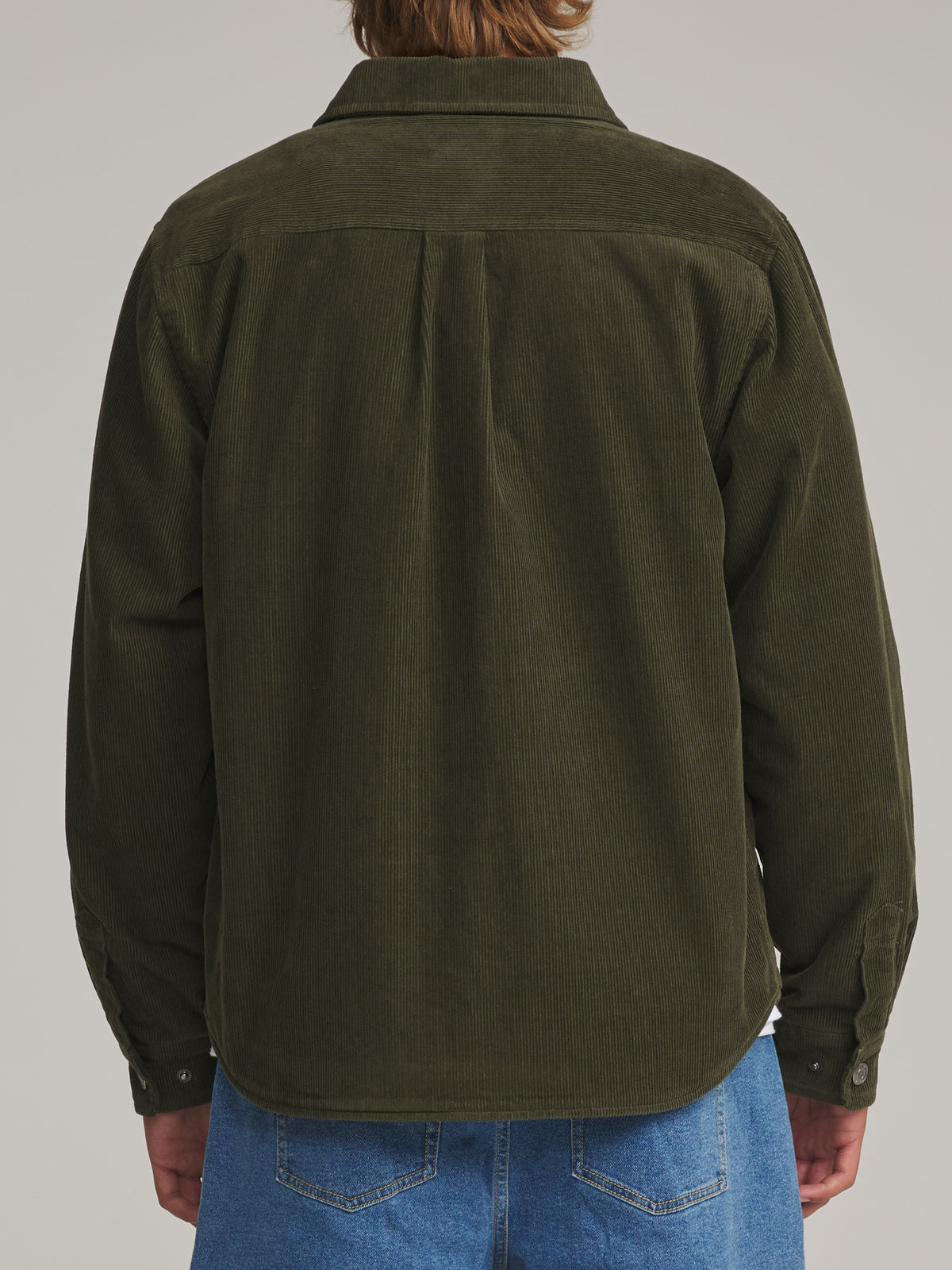 Katin Harold Corduroy Shirt Jacket in Dark Olive - worn on model, back