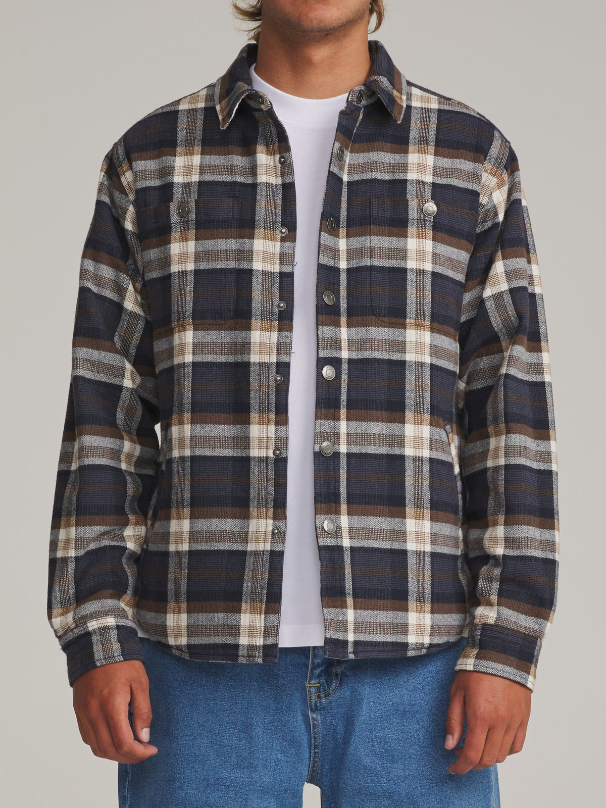 Katin Harold Plaid Shirt Jacket in Navy - worn on model, front