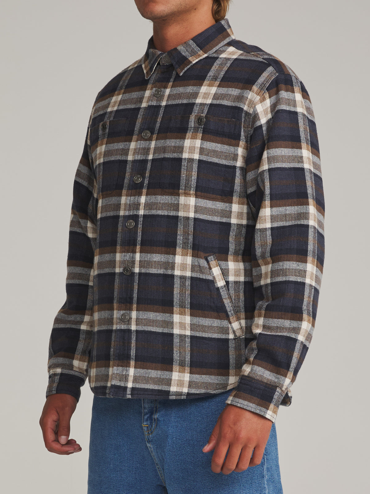 Katin Harold Plaid Shirt Jacket in Navy - worn on model, side alternate