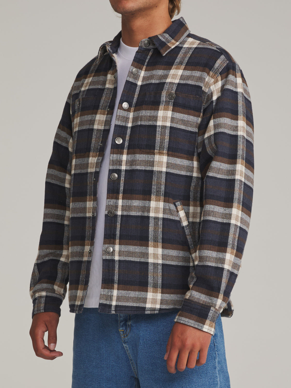 Katin Harold Plaid Shirt Jacket in Navy - worn on model, side