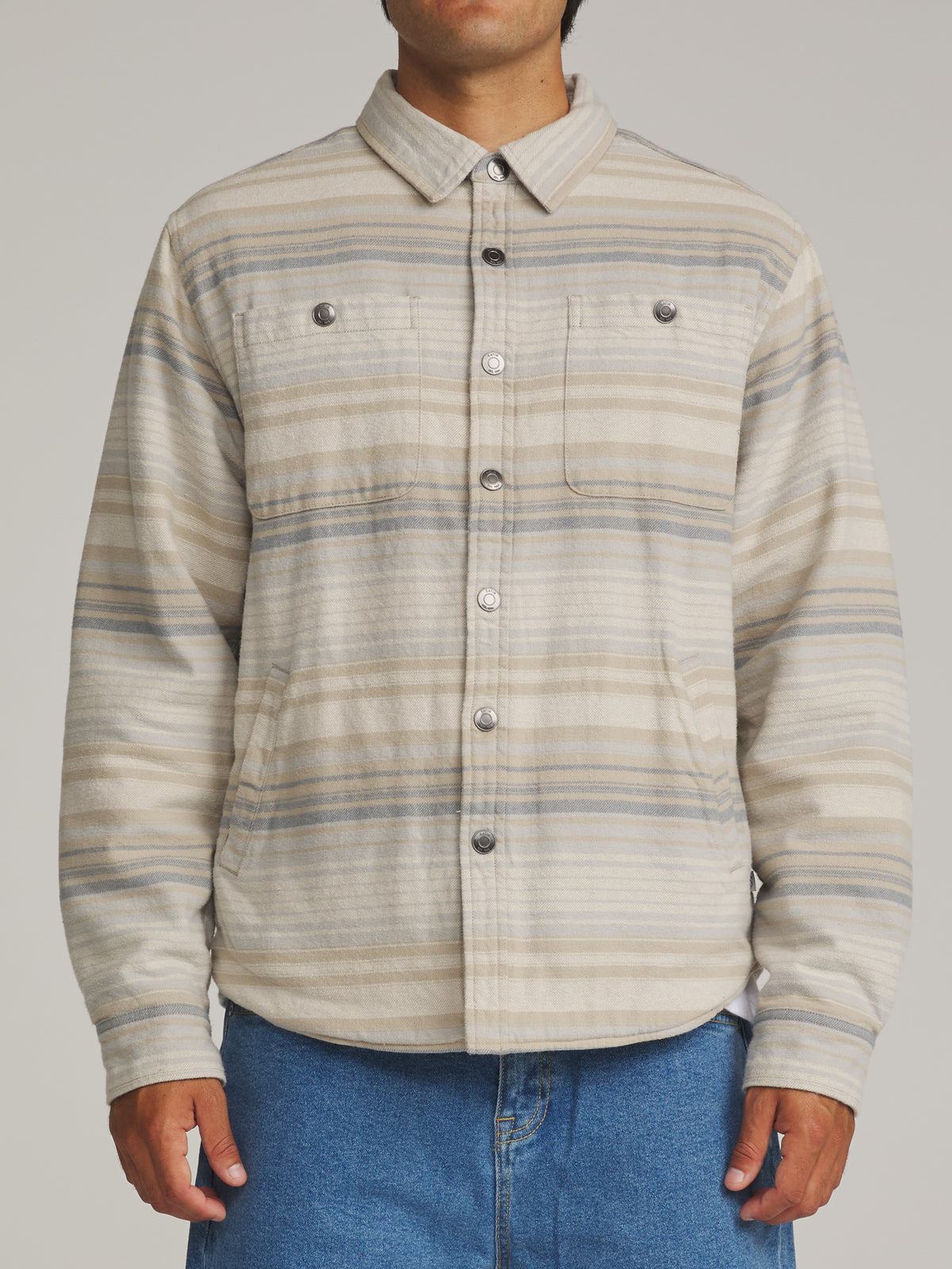 Katin Harold Stripe Shirt Jacket in Sand - worn on model, front alternate