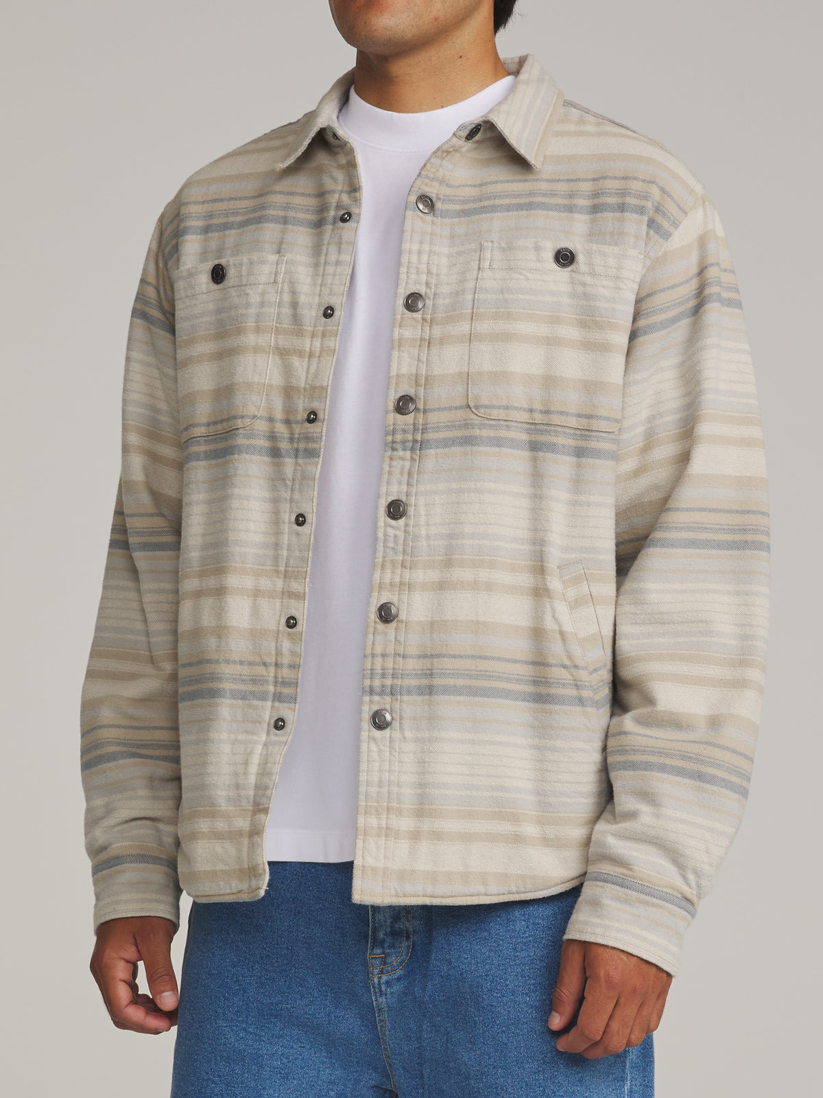 Katin Harold Stripe Shirt Jacket in Sand - worn on model, side
