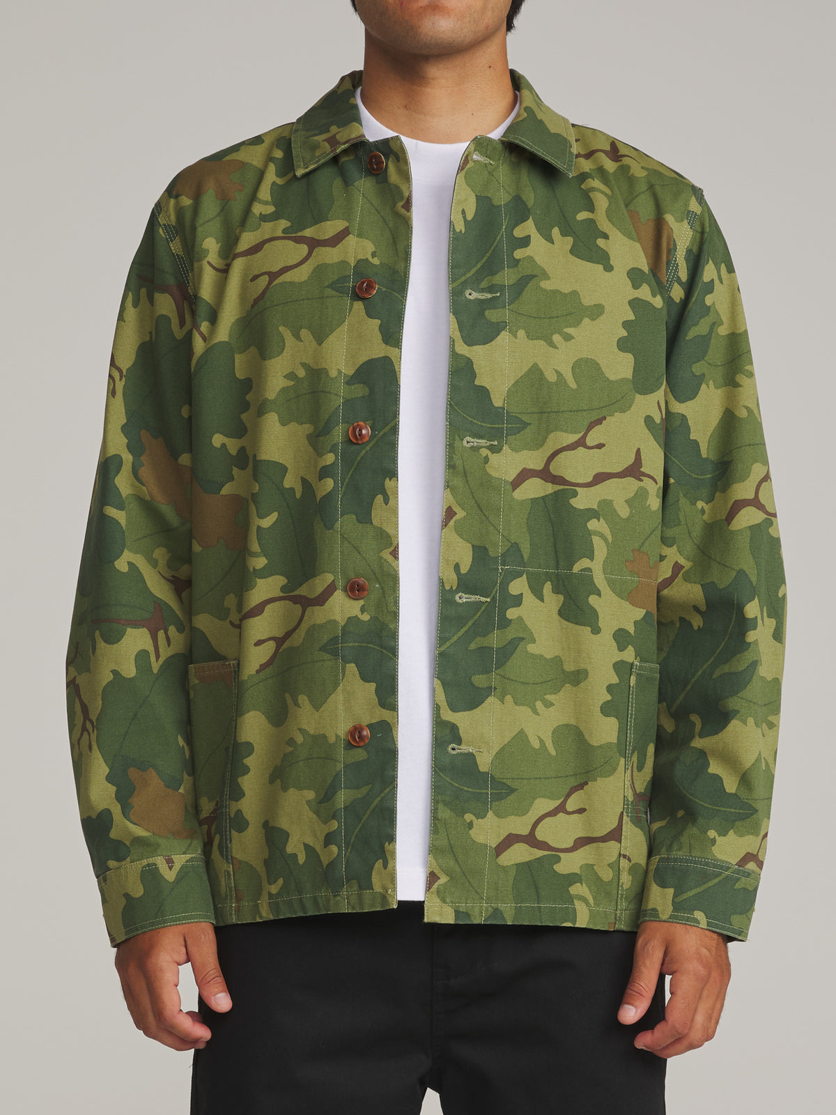 Katin Task Coat in Camo - worn on model, front
