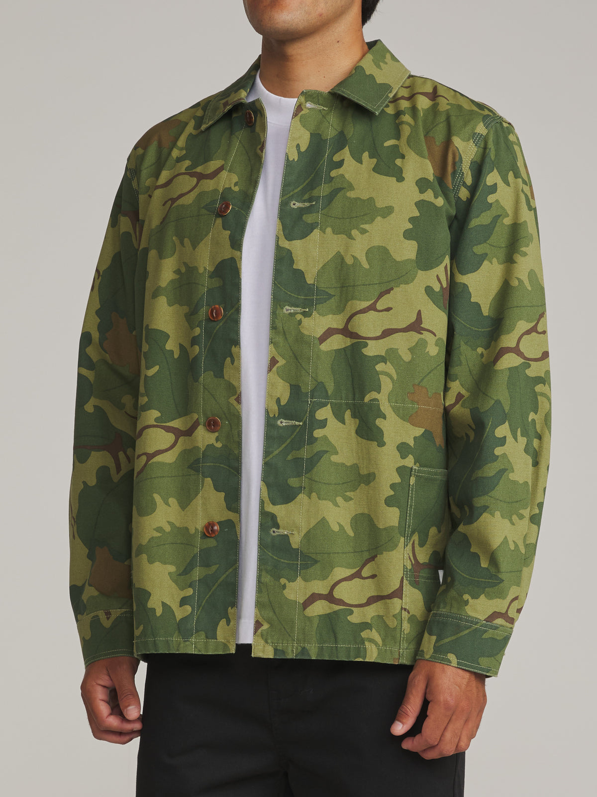 Katin Task Coat in Camo - worn on model, side