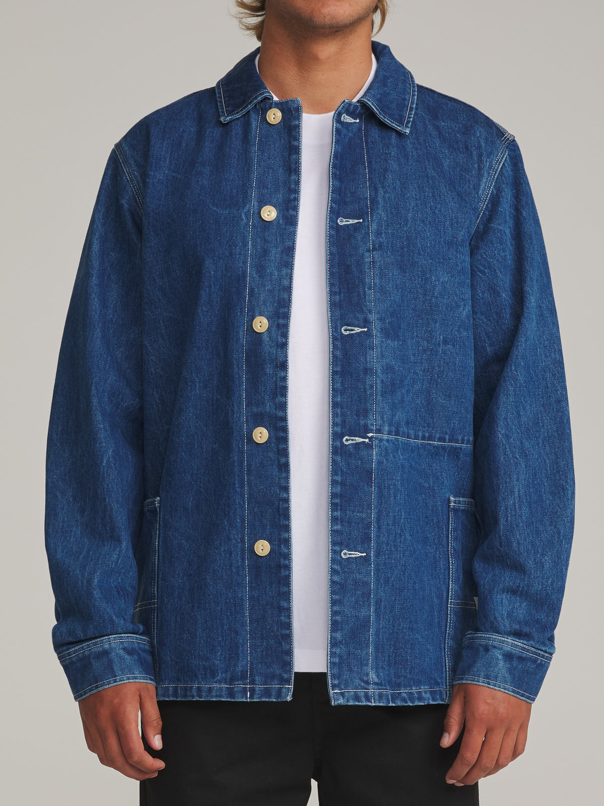 Katin Task Coat in Denim - worn on model, front