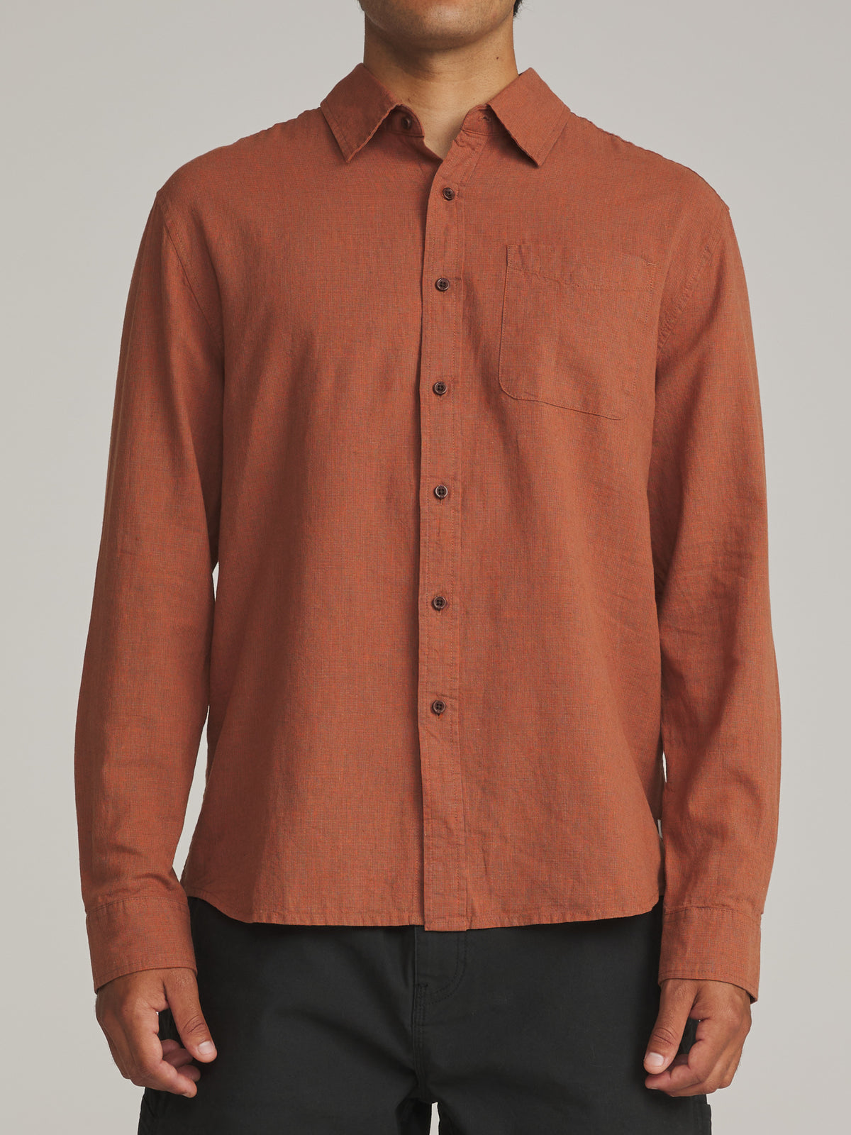 Katin Clyde Shirt in Rust - worn on model, front