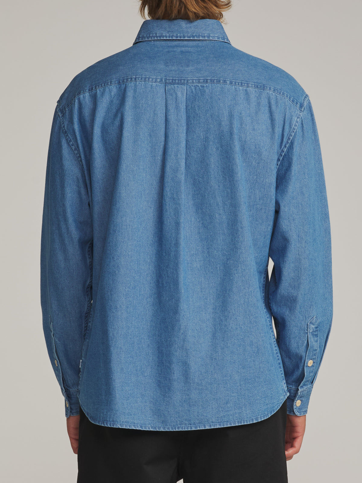 Katin Henry Denim Shirt in Medium Indigo - worn on model, back