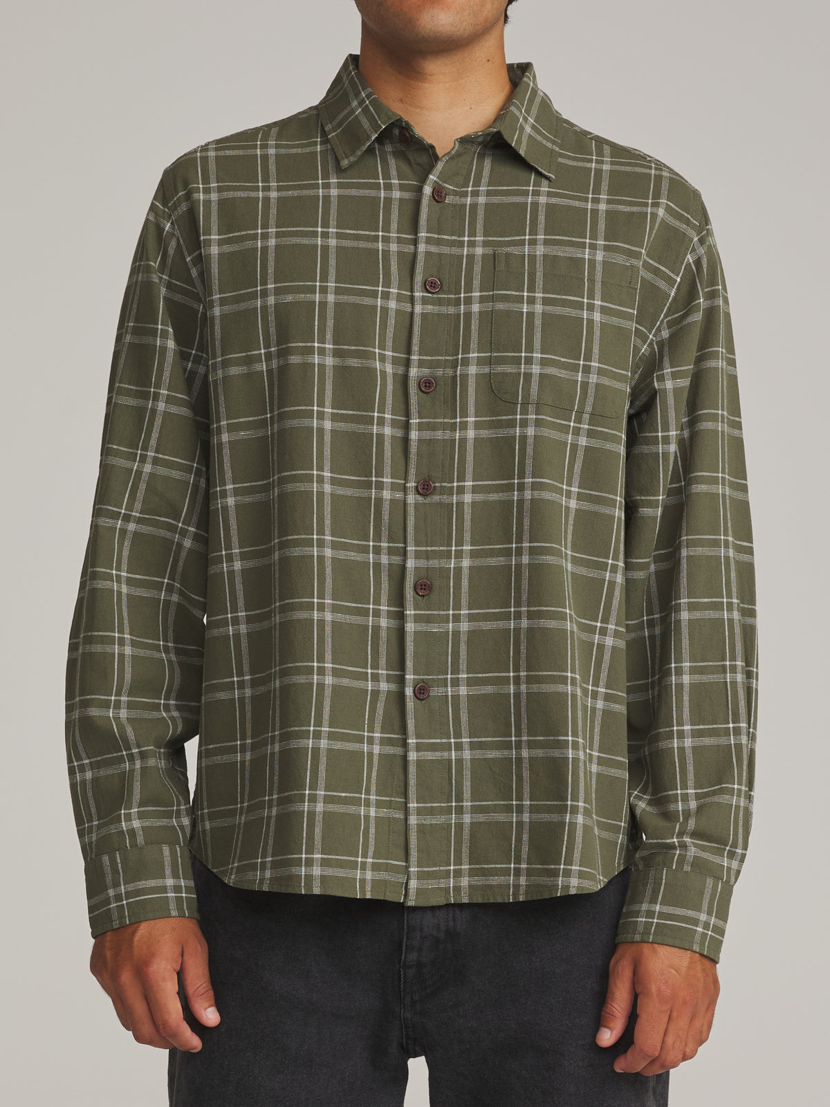 Katin Tack Shirt in Olive - worn on model, front