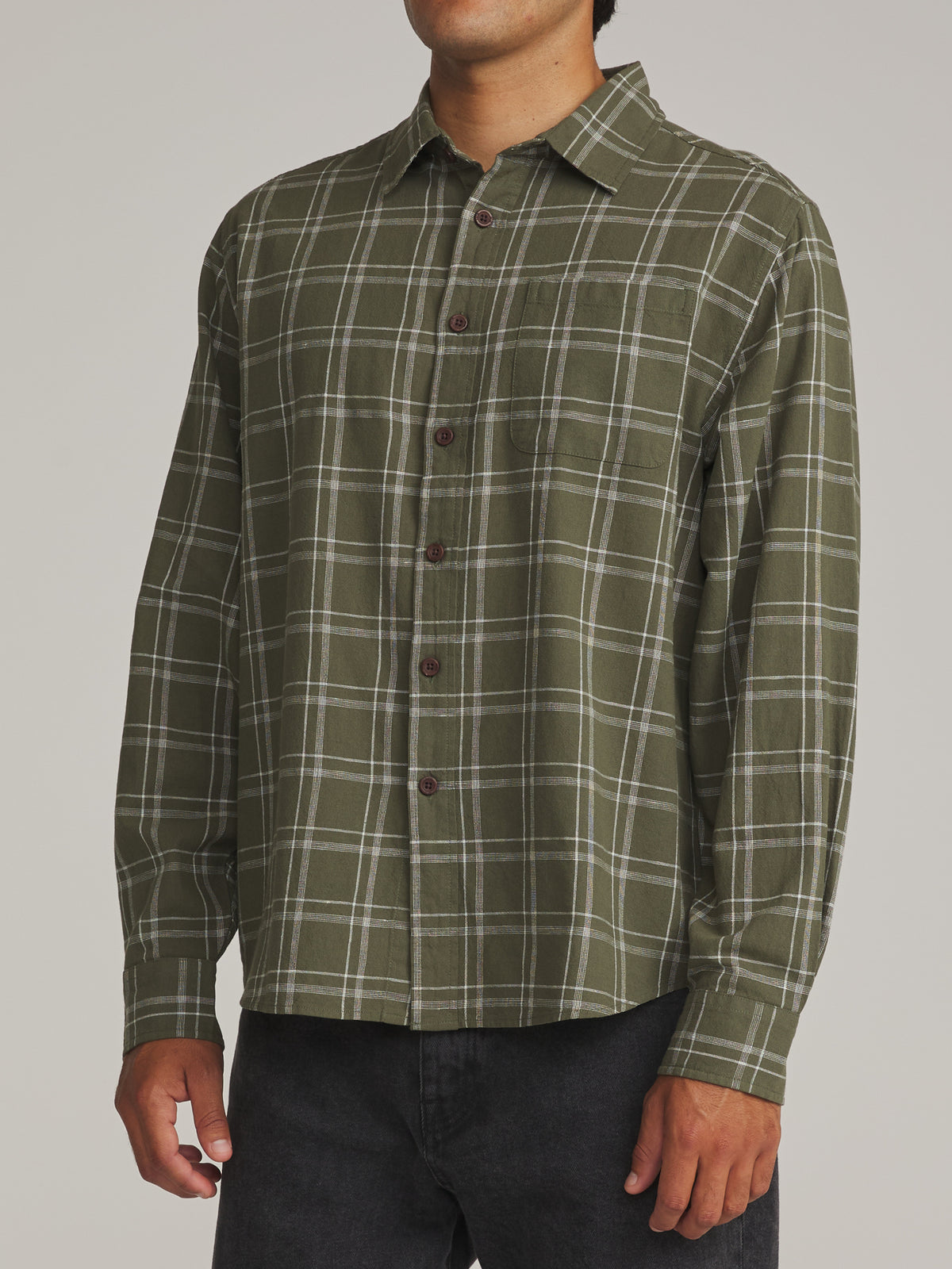 Katin Tack Shirt in Olive - worn on model, side