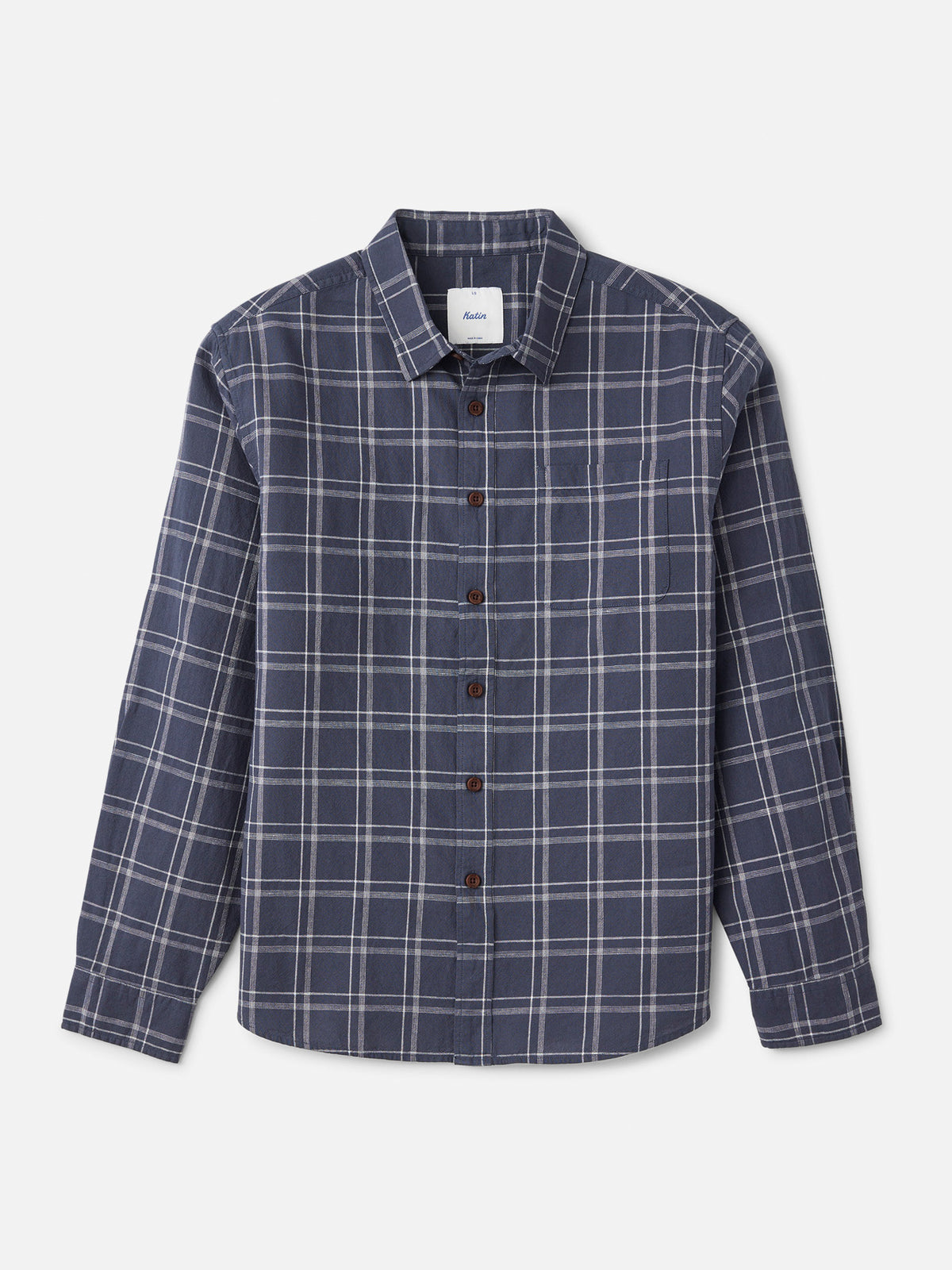 Katin Tack Shirt in Washed Blue with a simple two-color plaid, flat, front #color_washed blue