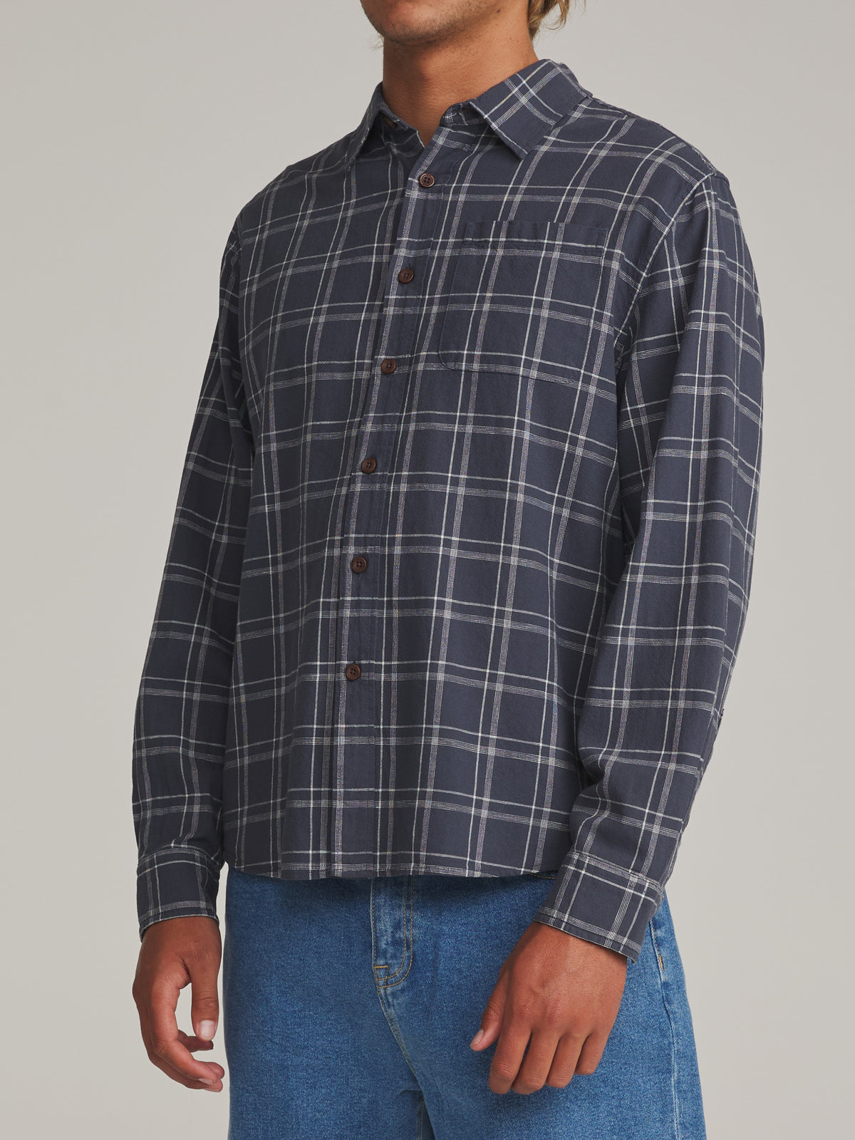 Katin Tack Shirt in Washed Blue - worn on model, side